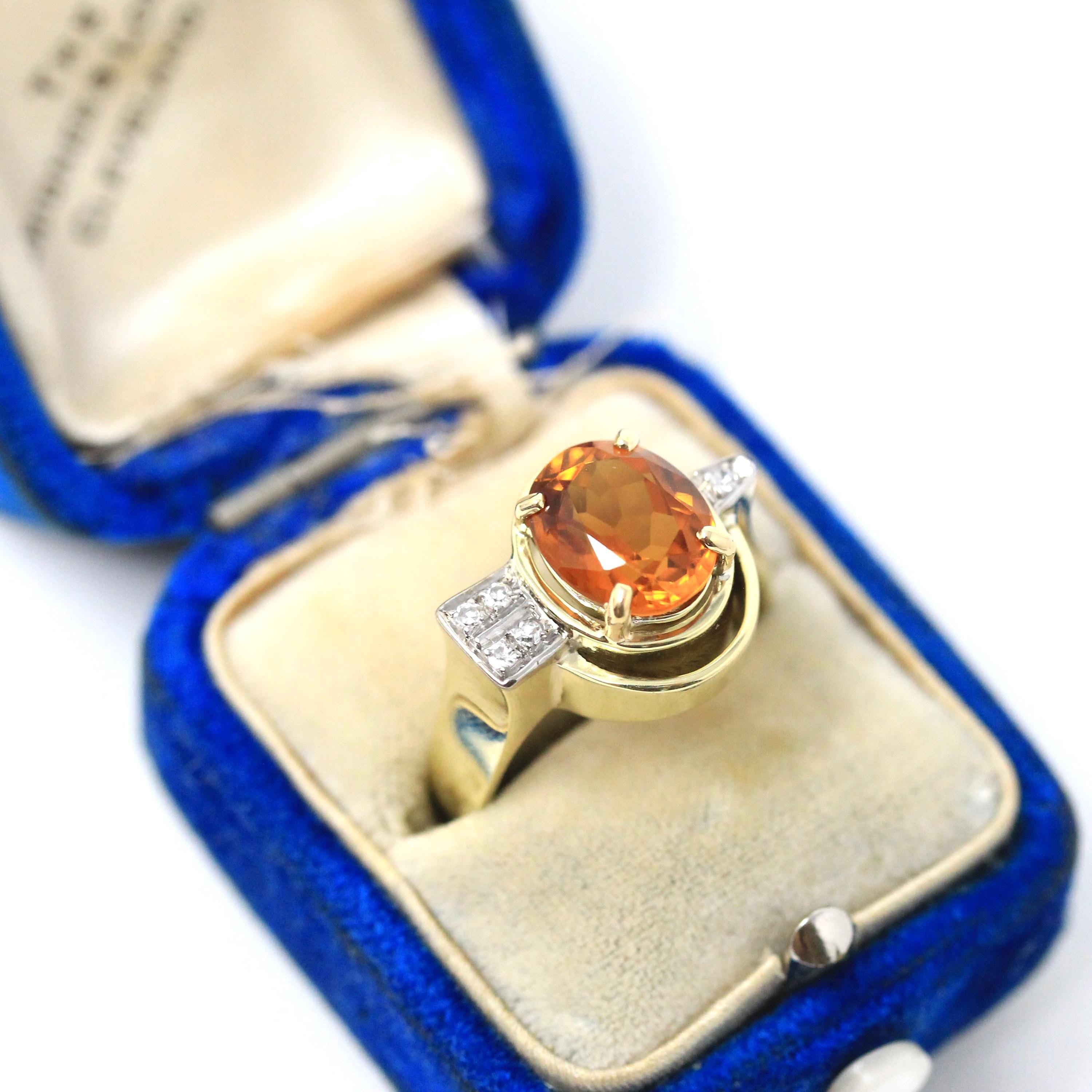 Citrine & Diamond Ring - Retro 14k Yellow And White Gold 2.80 CT Orange Gemstone - Vintage Circa 1960's Size 7 3/4 Fine Statement Jewelry
