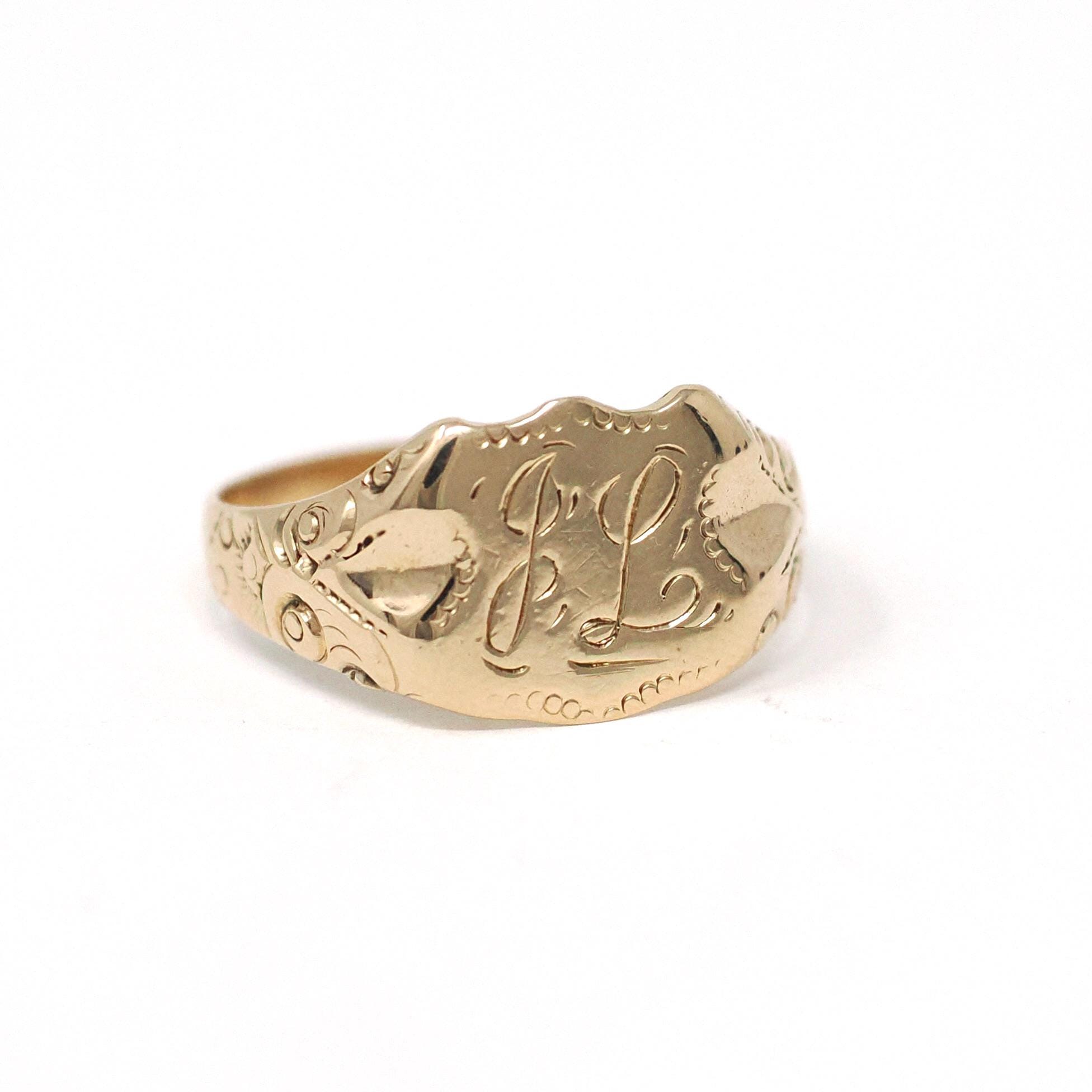 Antique "JL" Signet Ring - Edwardian Era 14k Yellow Gold Script Shield Men's Unisex Statement - Vintage Early 1900s Era Size 12 Fine Jewelry