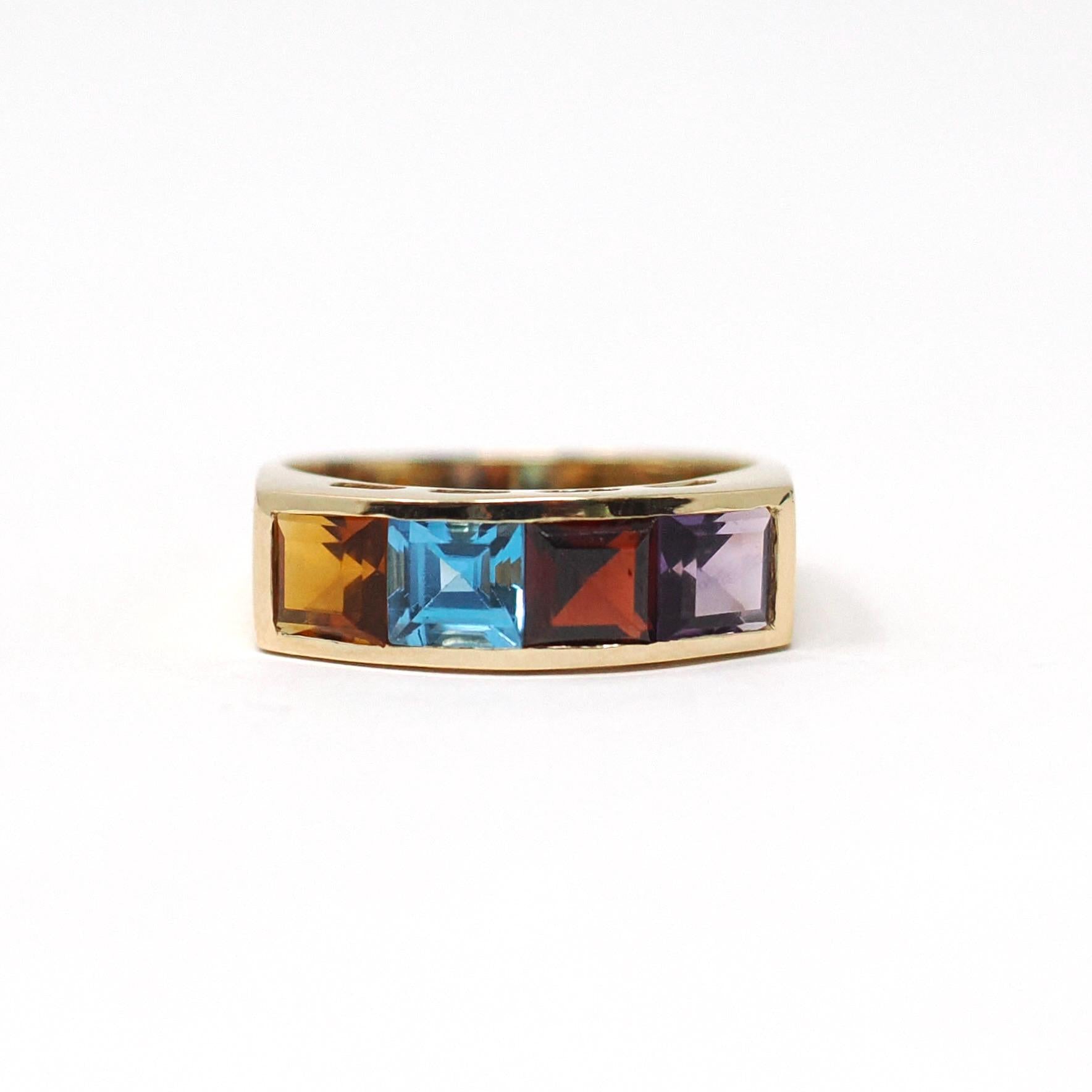 Multi Gemstone Ring - Modern 14k Yellow Gold Natural Citrine Blue Topaz Garnet Amethyst - Estate Circa 2000's Era Size 7 3/4 Fine Jewelry