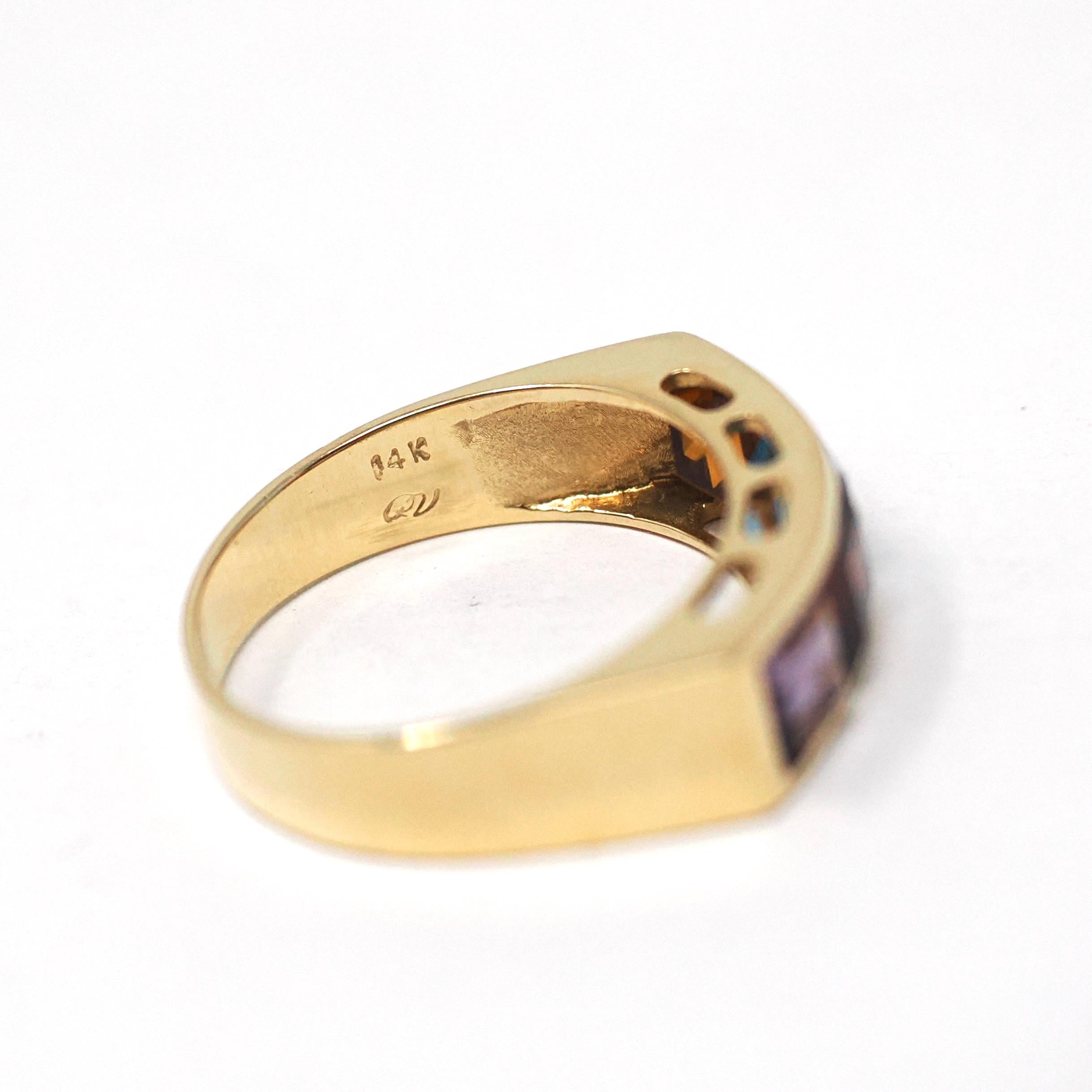 Multi Gemstone Ring - Modern 14k Yellow Gold Natural Citrine Blue Topaz Garnet Amethyst - Estate Circa 2000's Era Size 7 3/4 Fine Jewelry