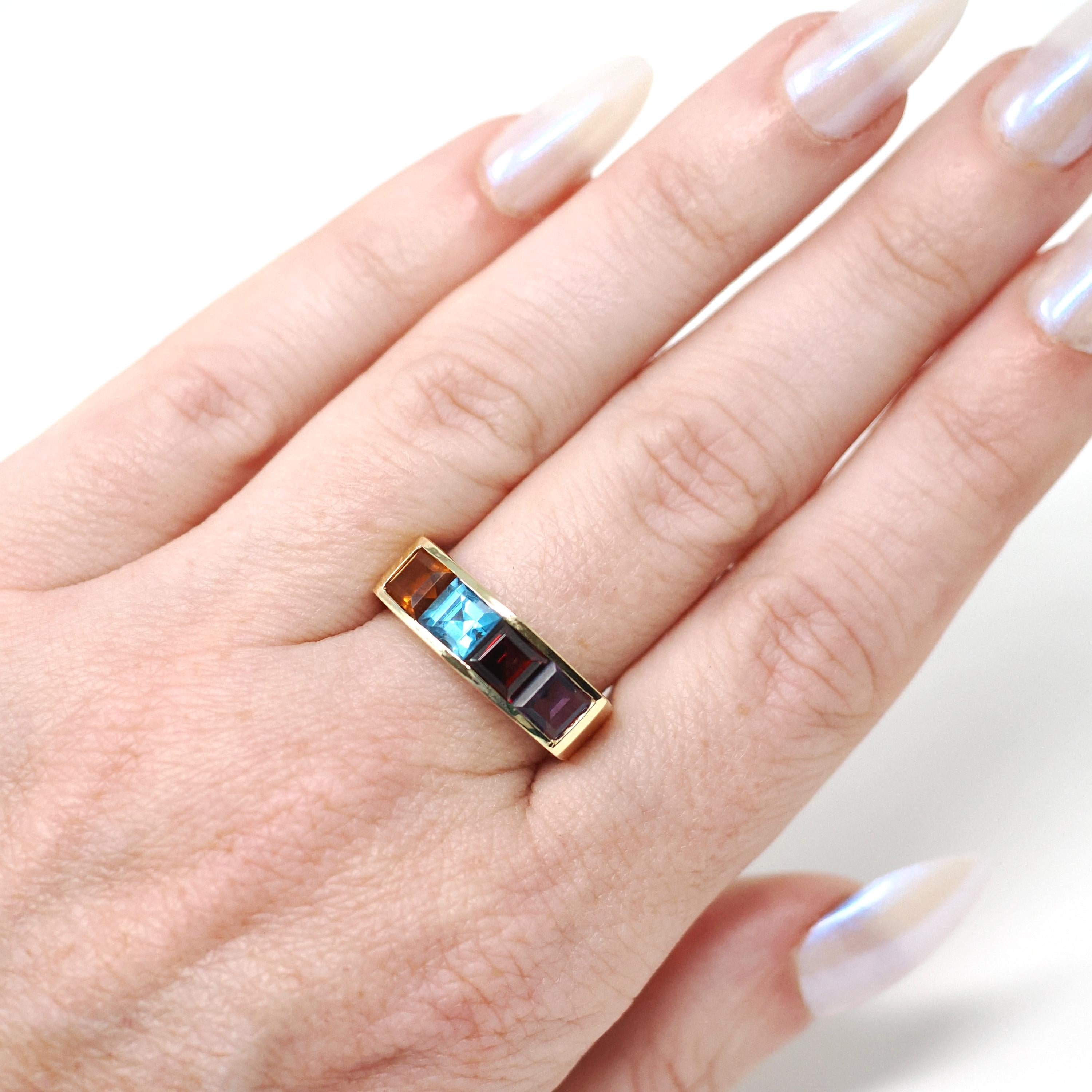 Multi Gemstone Ring - Modern 14k Yellow Gold Natural Citrine Blue Topaz Garnet Amethyst - Estate Circa 2000's Era Size 7 3/4 Fine Jewelry