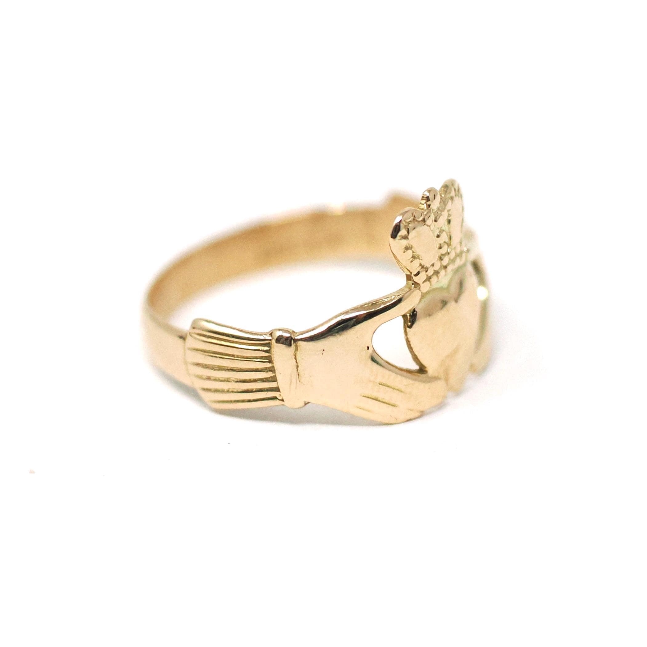 Vintage Claddagh Ring - Irish 14k Yellow Gold Heart Clasped Hands & Crown - Dated 1957 Size 7 1/4 Friendship Love Loyalty Hallmarked Jewelry