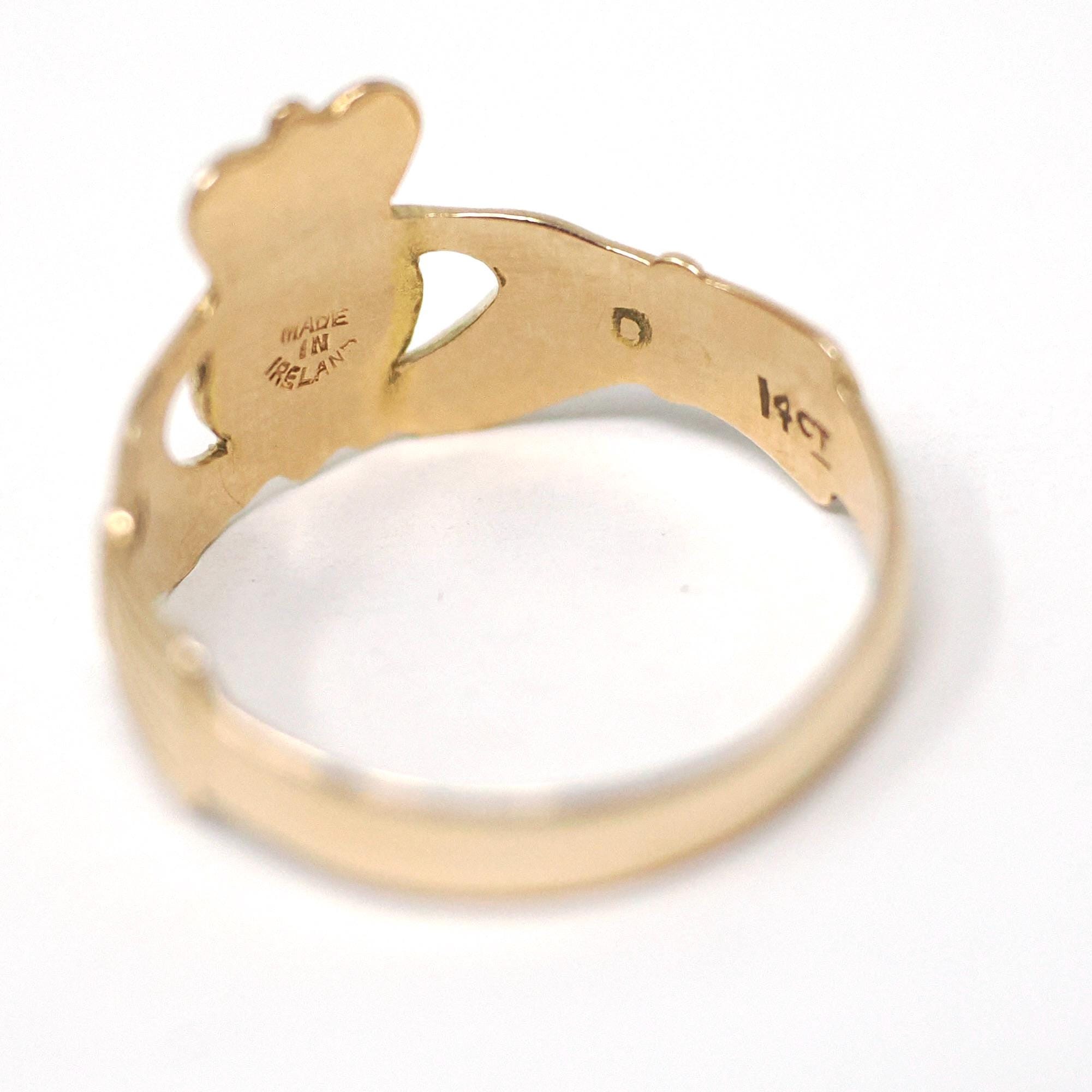 Vintage Claddagh Ring - Irish 14k Yellow Gold Heart Clasped Hands & Crown - Dated 1957 Size 7 1/4 Friendship Love Loyalty Hallmarked Jewelry