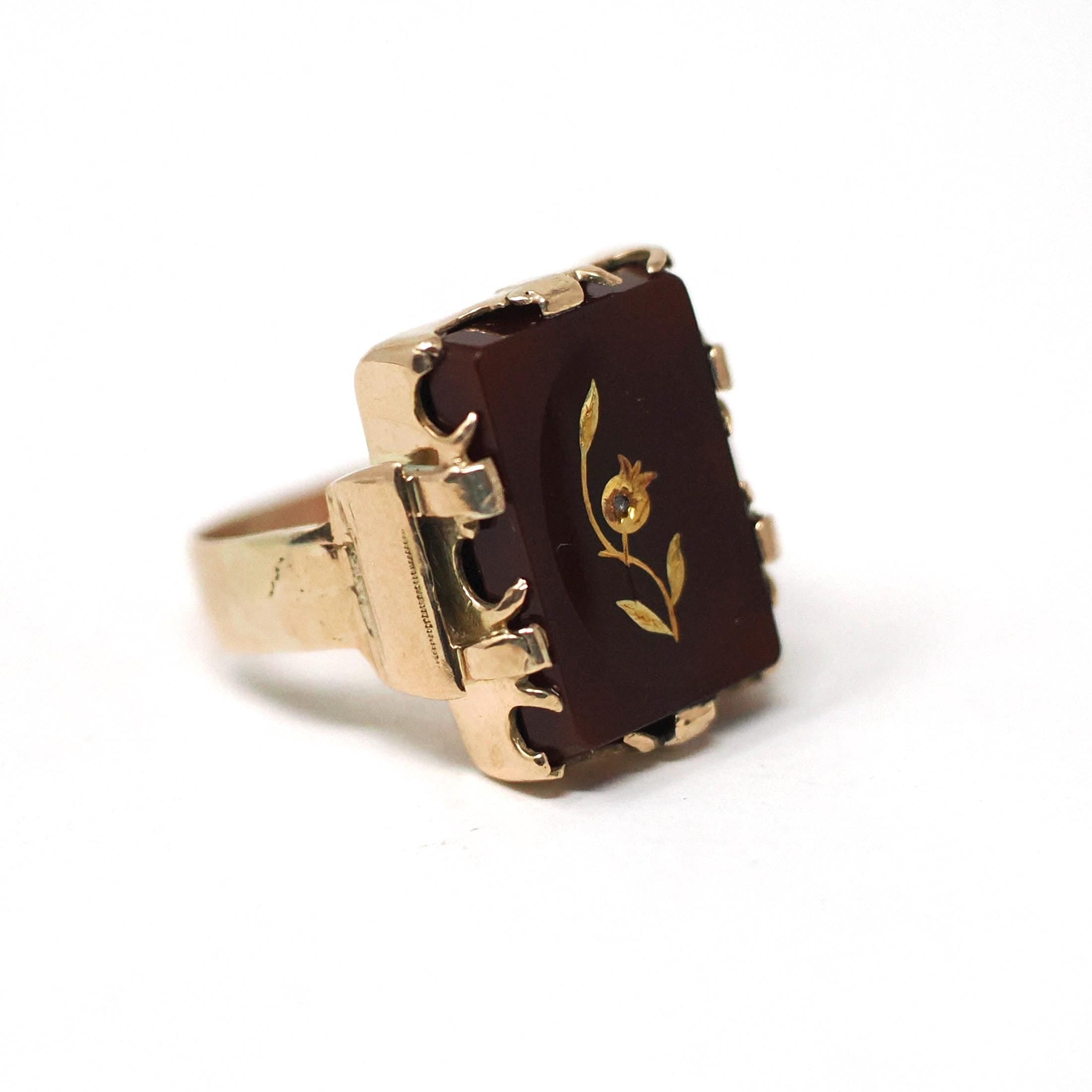 Rose of Sharon Ring - Victorian 14k Rose Gold Natural Sard Dark Red Gem - Antique Circa 1880s Size 6 1/2 Diamond Flower Fine Symbol Jewelry