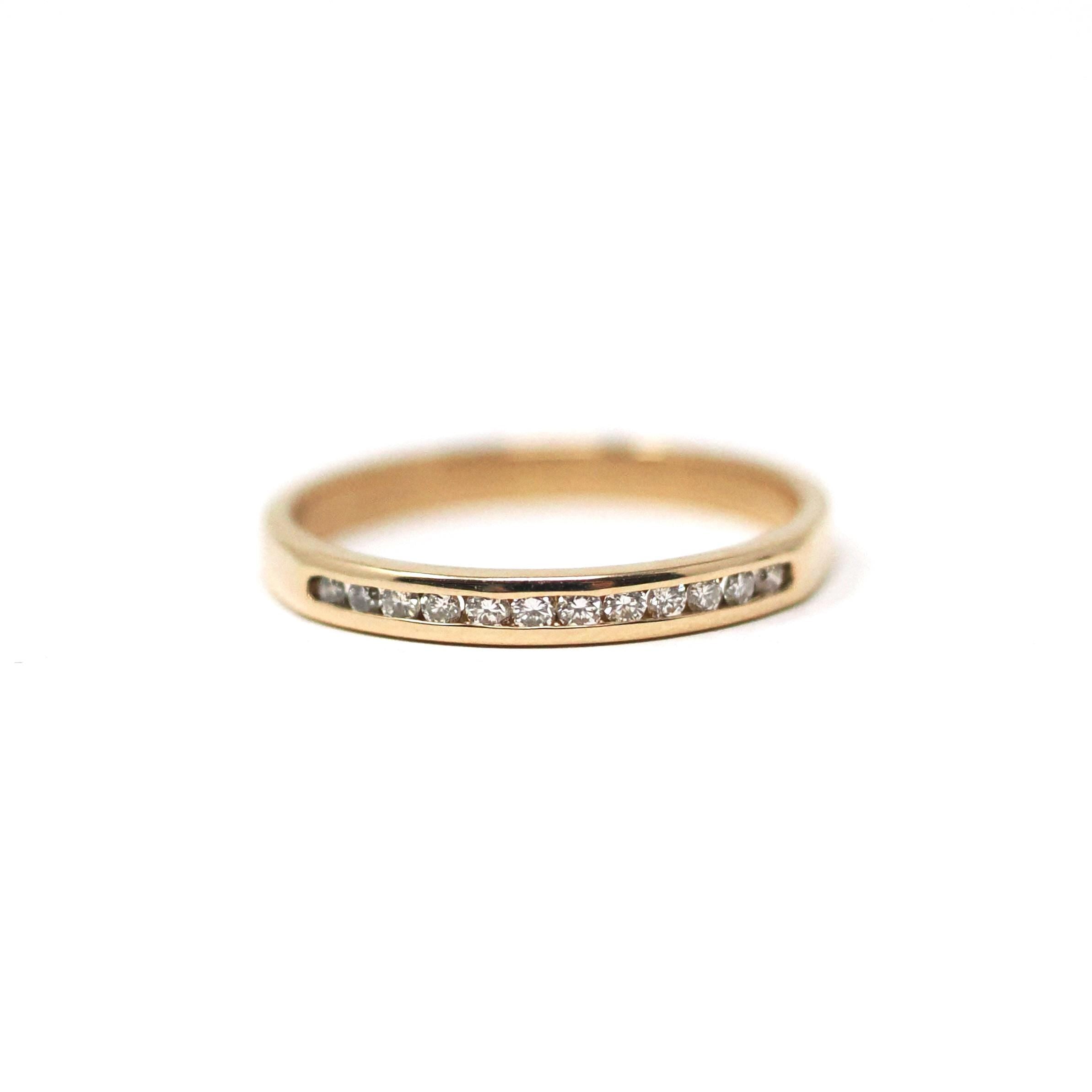 Vintage Wedding Band - Retro Era 14k Yellow Gold Natural Channel Set .15 CTW Diamond Ring - Circa 1970s Size 5 3/4 Stacking Fine Jewelry