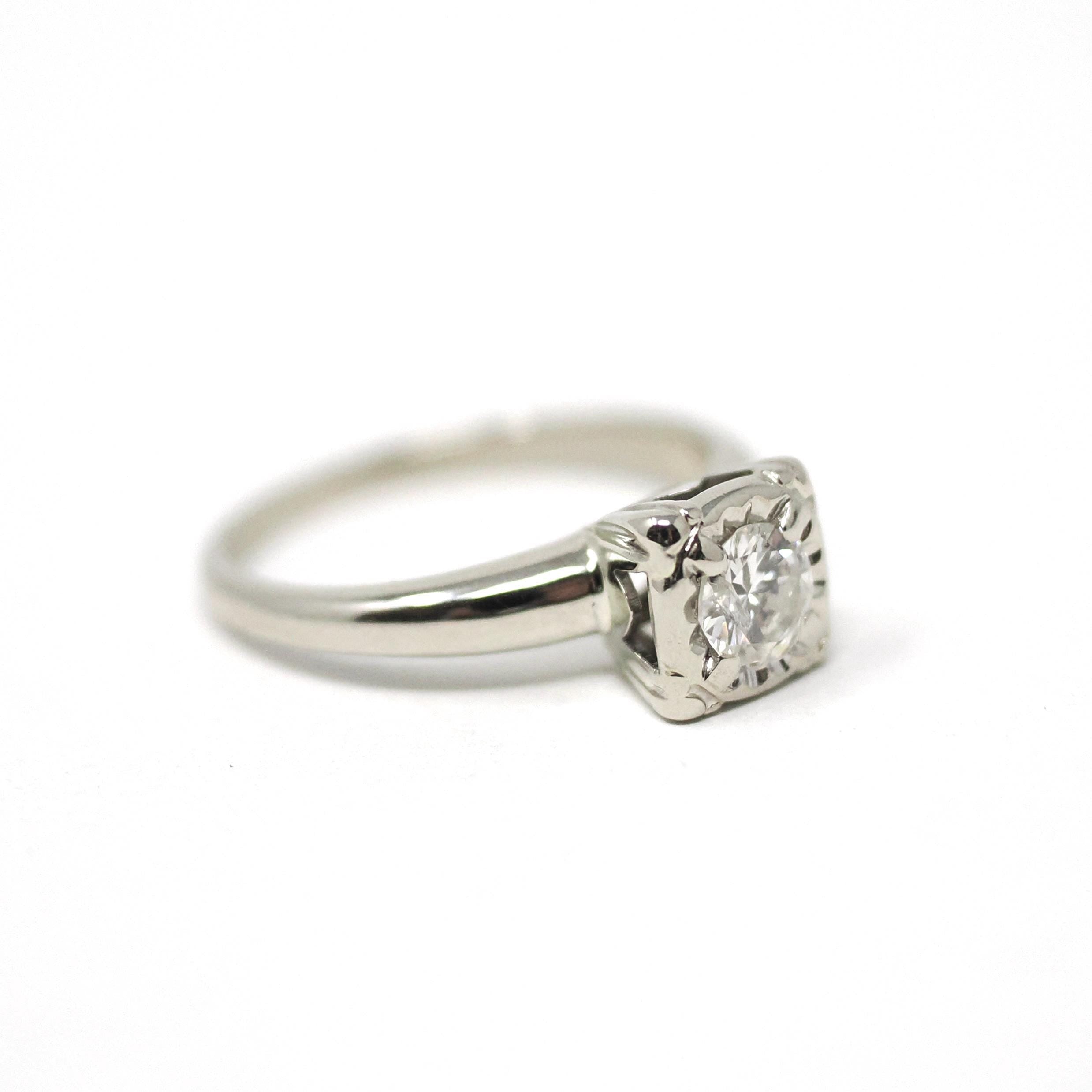 Mid Century Diamond Ring - Vintage 14k White Gold Natural .43 CT Engagement - Circa 1950s Era Size 6 1/2 Illusion Solitaire Fine Jewelry