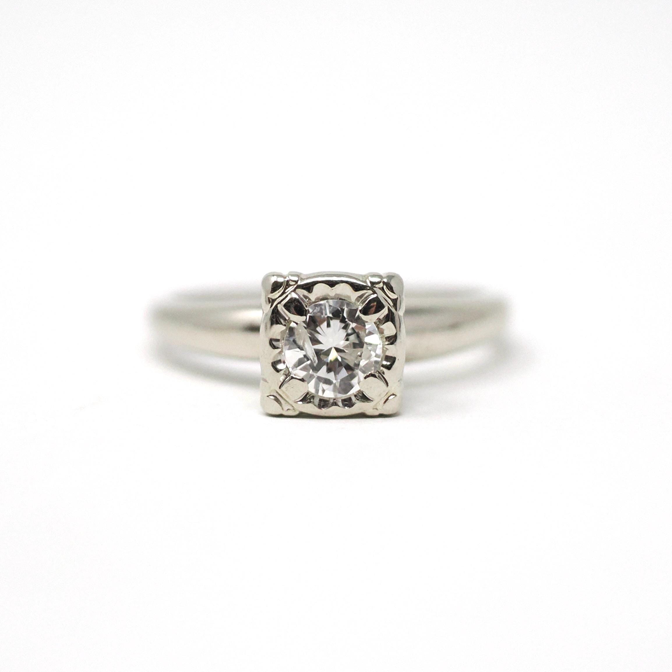 Mid Century Diamond Ring - Vintage 14k White Gold Natural .43 CT Engagement - Circa 1950s Era Size 6 1/2 Illusion Solitaire Fine Jewelry