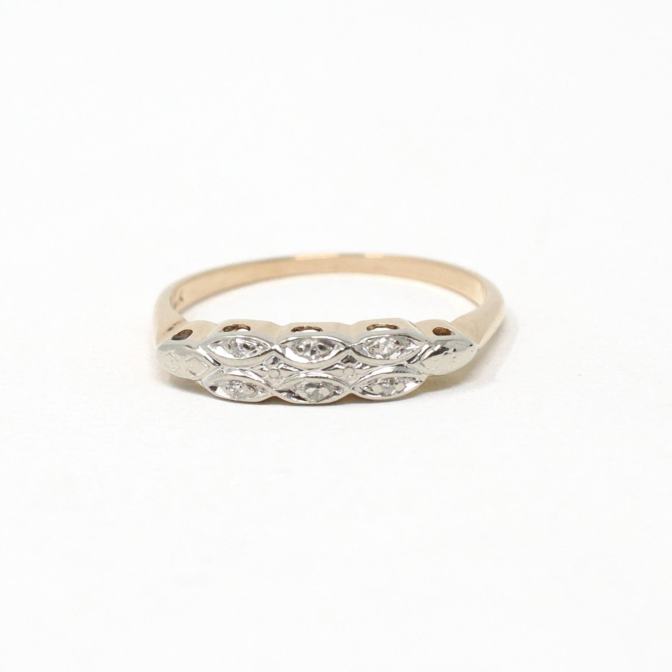 Vintage Wedding Band - Retro Era 14k Yellow & White Gold Natural Diamonds Scallop Floral Detail - Circa 1960s Size 7 1/4 Fine Bridal Jewelry