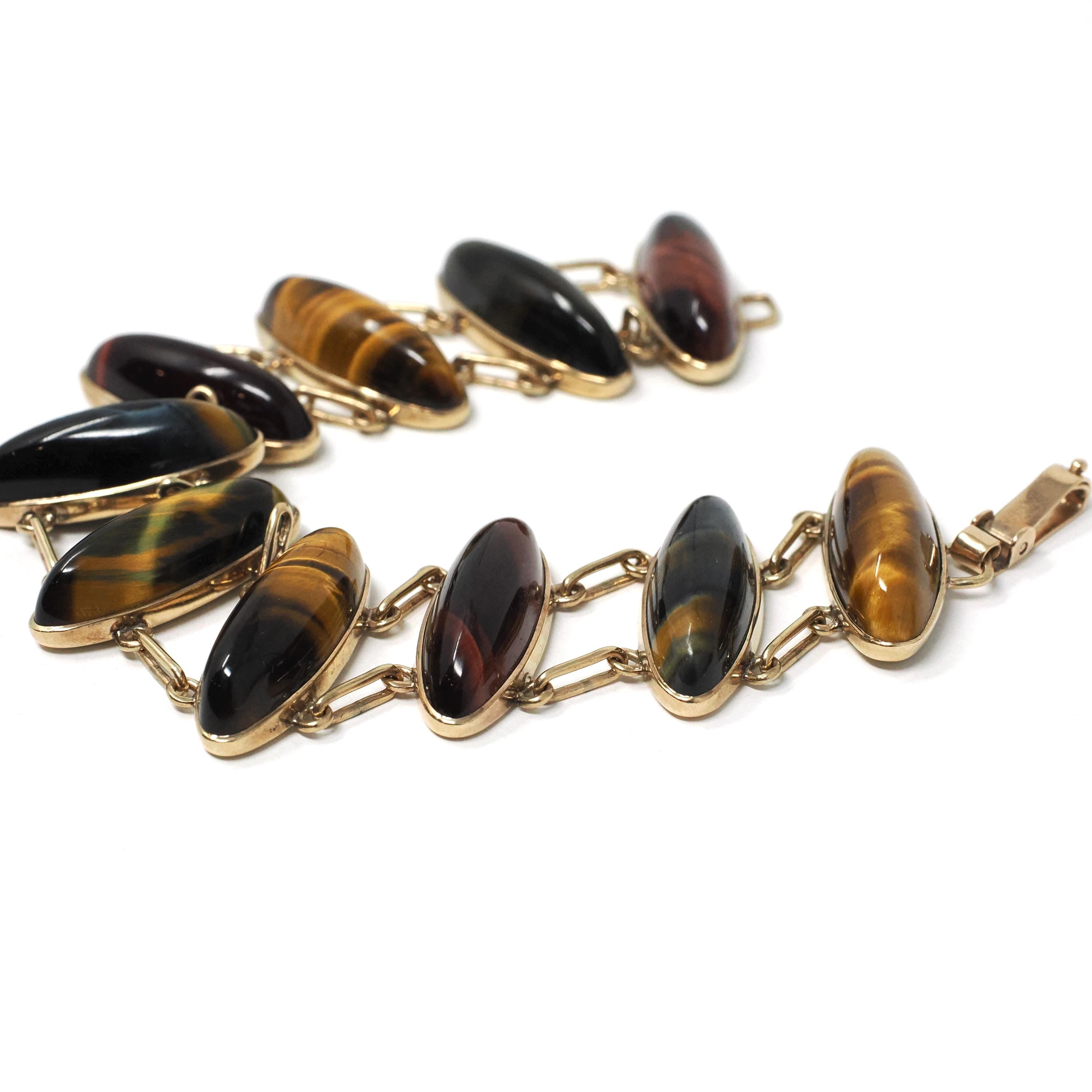 Vintage Tiger's & Hawk's Eye Bracelet - Retro 10k Yellow Gold Handmade Natural Gemstones - Circa 1970s Double Linked Brown Gem Fine Jewelry