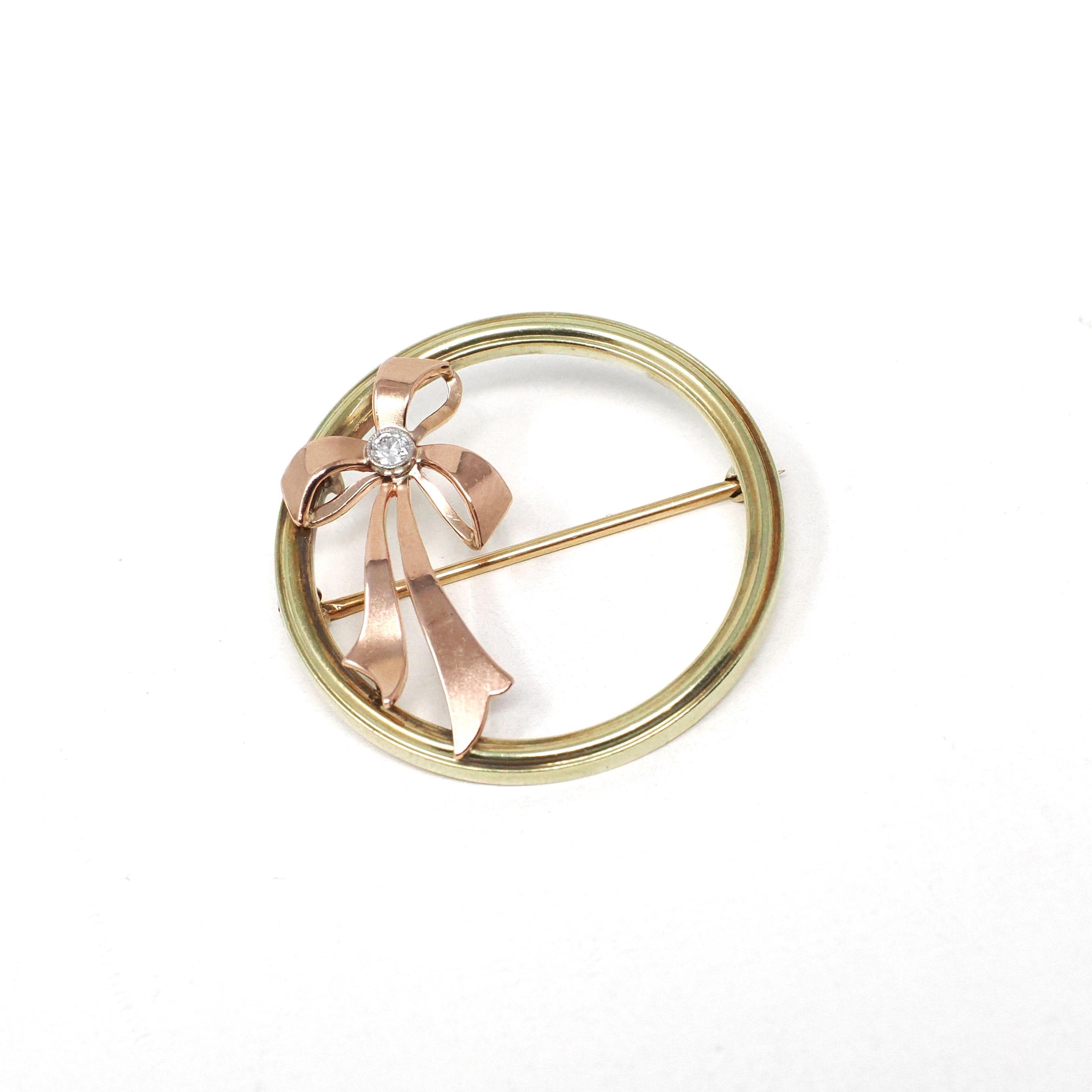 Retro Bow Brooch - Estate 14k Yellow & Rose Gold Diamond Gemstone Pin Statement - Circa 1980s Era Figural Ribbon Fine Fashion Accessory
