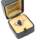 Sapphire & Diamond Ring - Estate Platinum Natural Blue Oval Gemstone And Baguette Diamond Engagement - Modern Era 2000s Era Fine Jewelry