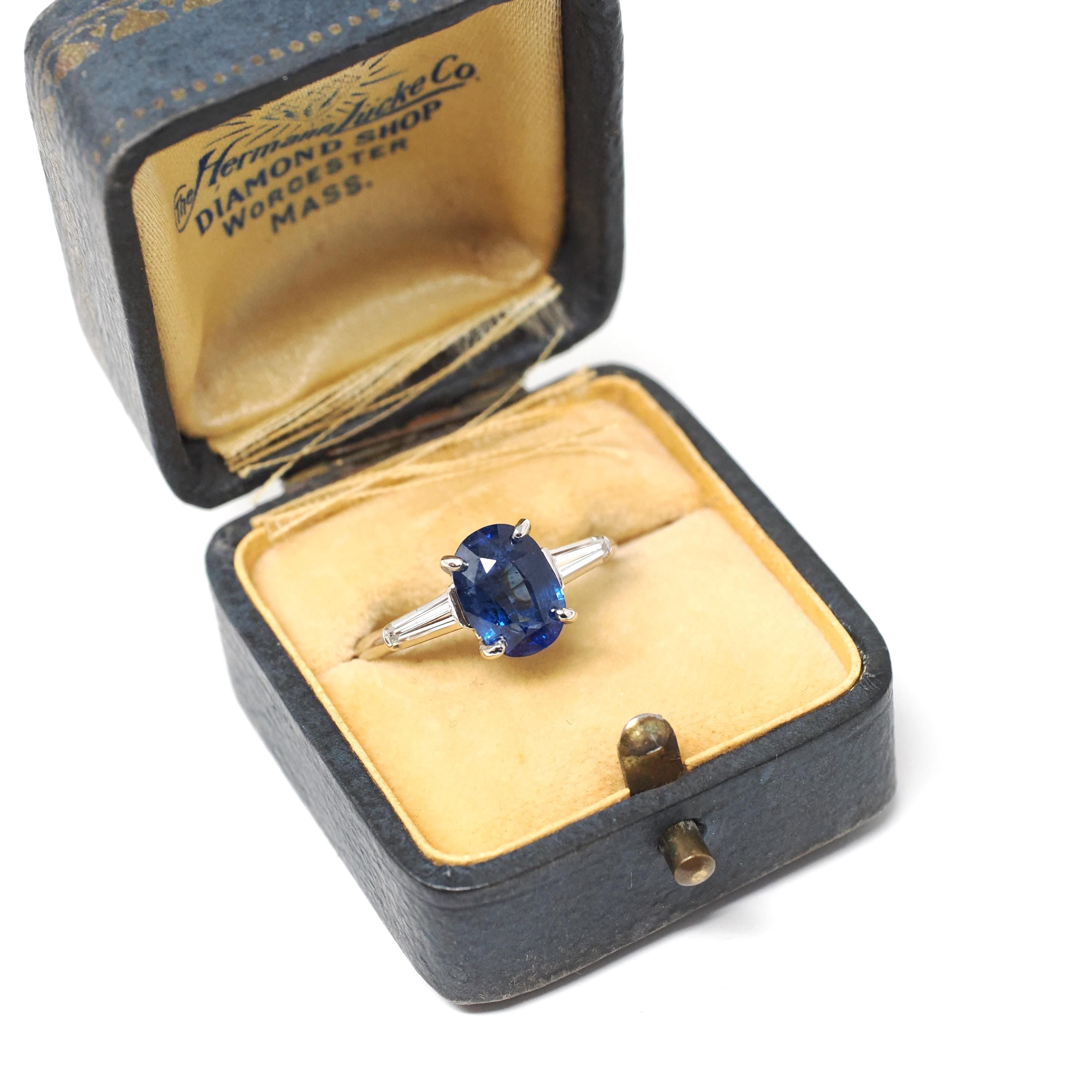 Sapphire & Diamond Ring - Estate Platinum Natural Blue Oval Gemstone And Baguette Diamond Engagement - Modern Era 2000s Era Fine Jewelry