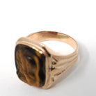Tiger's Eye Ring - Mid Century 10k Yellow Gold Natural Carved Warrior Brown Gemstone - Vintage Circa 1940s Size 8 Statement Fine OB Jewelry