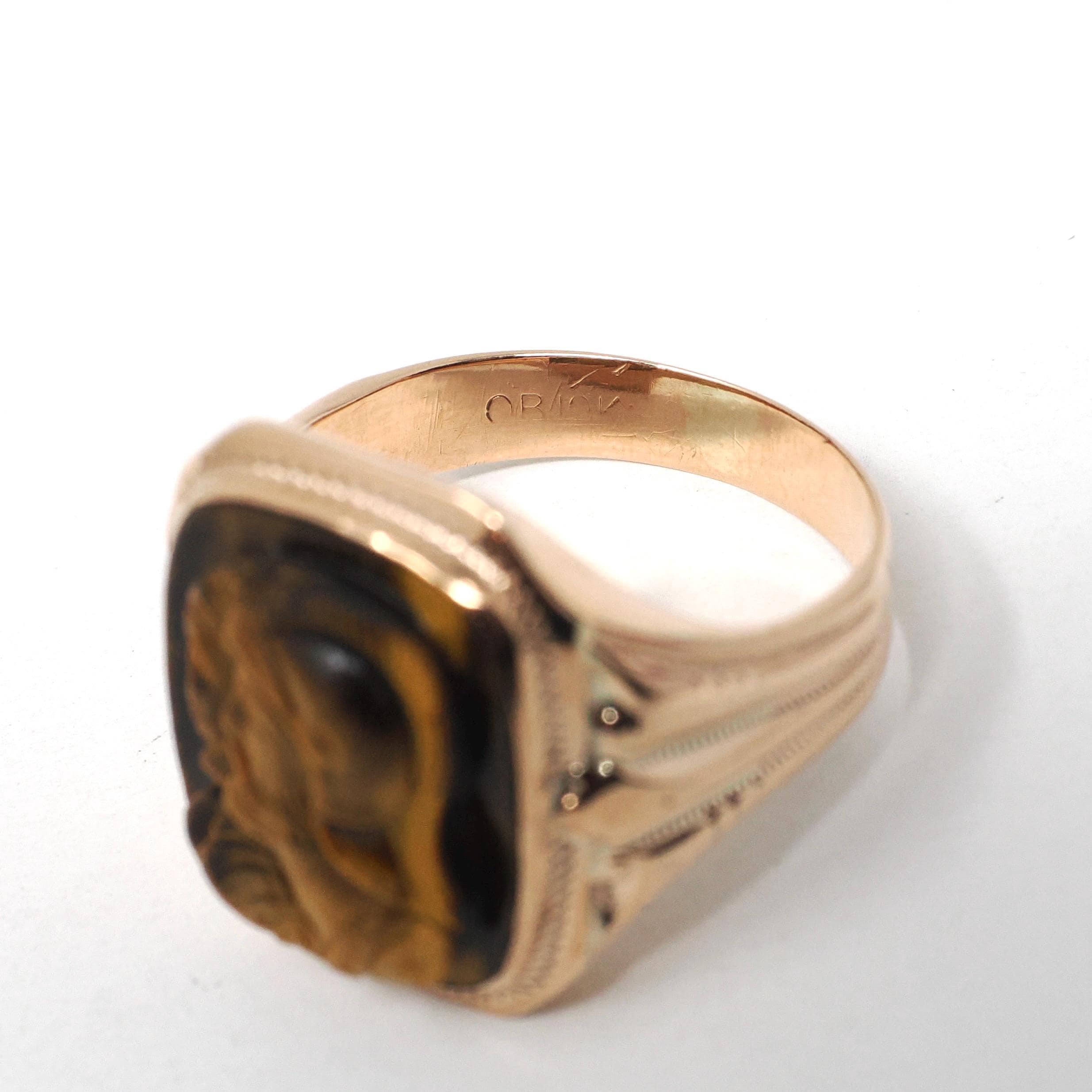 Tiger's Eye Ring - Mid Century 10k Yellow Gold Natural Carved Warrior Brown Gemstone - Vintage Circa 1940s Size 8 Statement Fine OB Jewelry