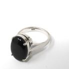Modern Onyx Ring - Estate 14k White Gold Oval Cabochon Cut Black Chalcedony Gem - Modern Circa 2000's Era Size 4 3/4 Statement Fine Jewelry