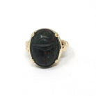 Bloodstone Scarab Ring - Retro 10k Yellow Gold Carved Natural Green Red Gem - Vintage Circa 1940s Era Size 5 1/4 Egyptian Revival Jewelry