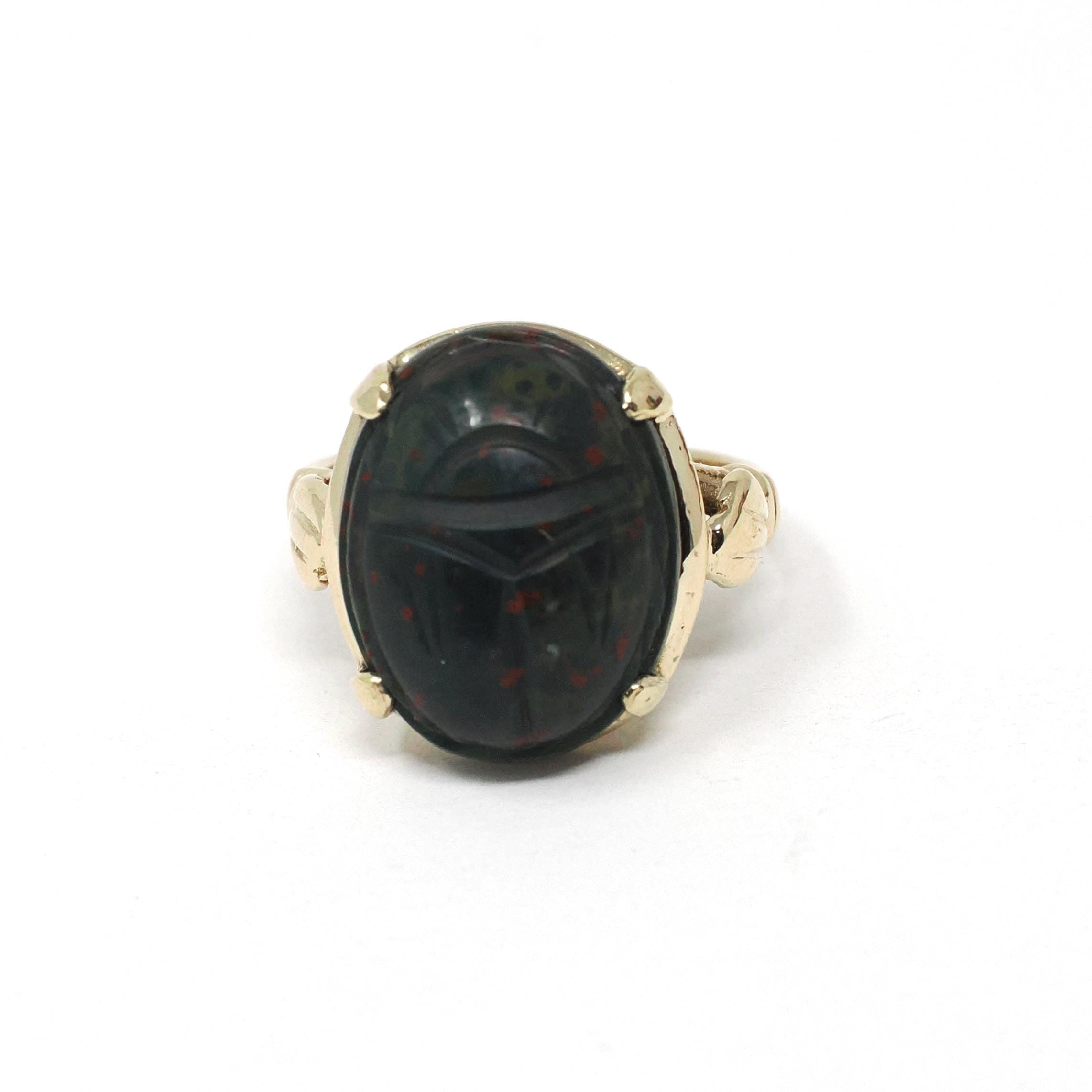 Bloodstone Scarab Ring - Retro 10k Yellow Gold Carved Natural Green Red Gem - Vintage Circa 1940s Era Size 5 1/4 Egyptian Revival Jewelry