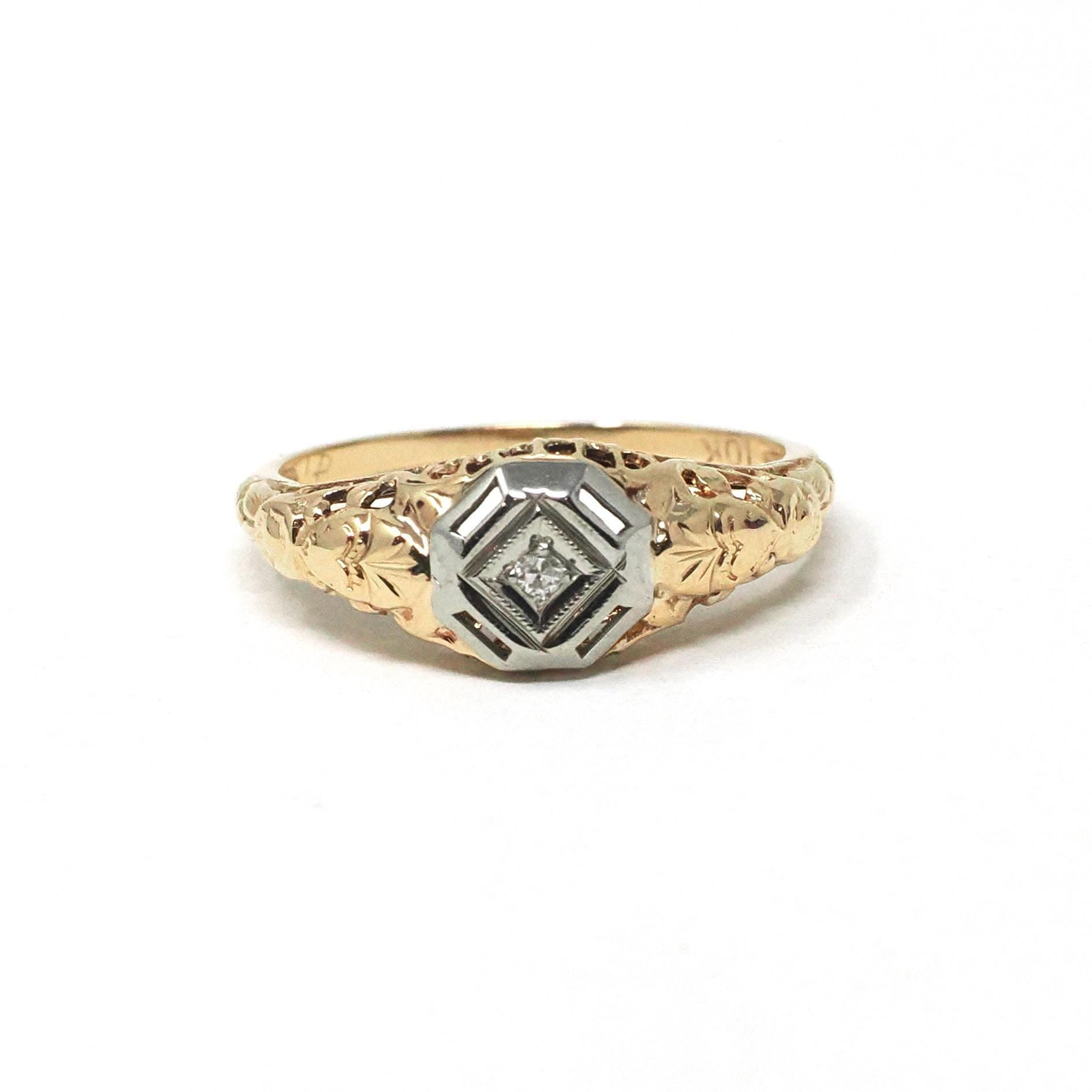 Art Deco Diamond Ring - Vintage 10k Yellow & White Gold Two Tone Filigree Natural .01 CT Engagement - Circa 1930s Era Size 4.75 Fine Jewelry