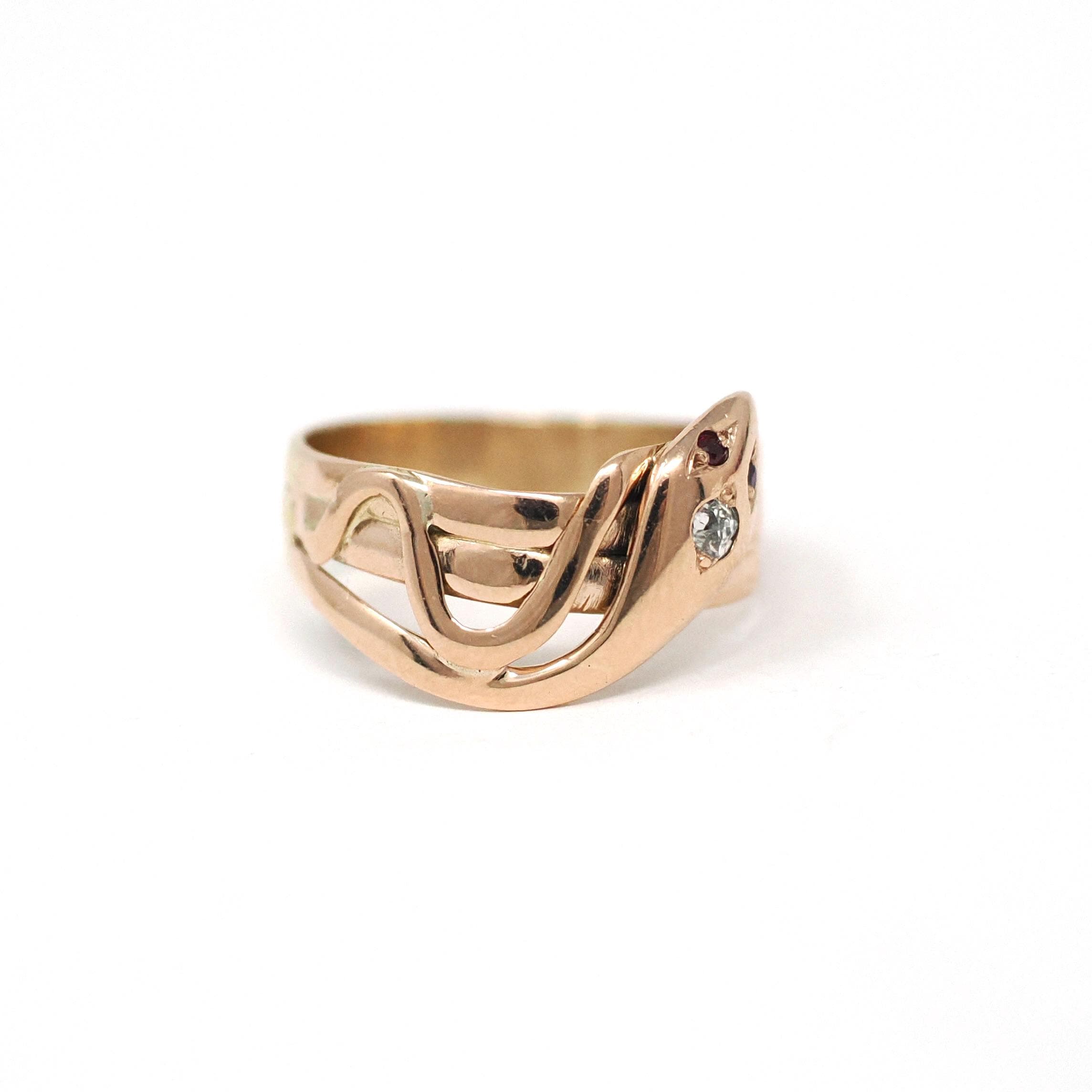 Antique Snake Ring - Victorian 10k Rose Gold Rubies & Diamond Gemstone Band - Vintage Circa 1890s Era Size 8 3/4 Coiled Serpent Fine Jewelry