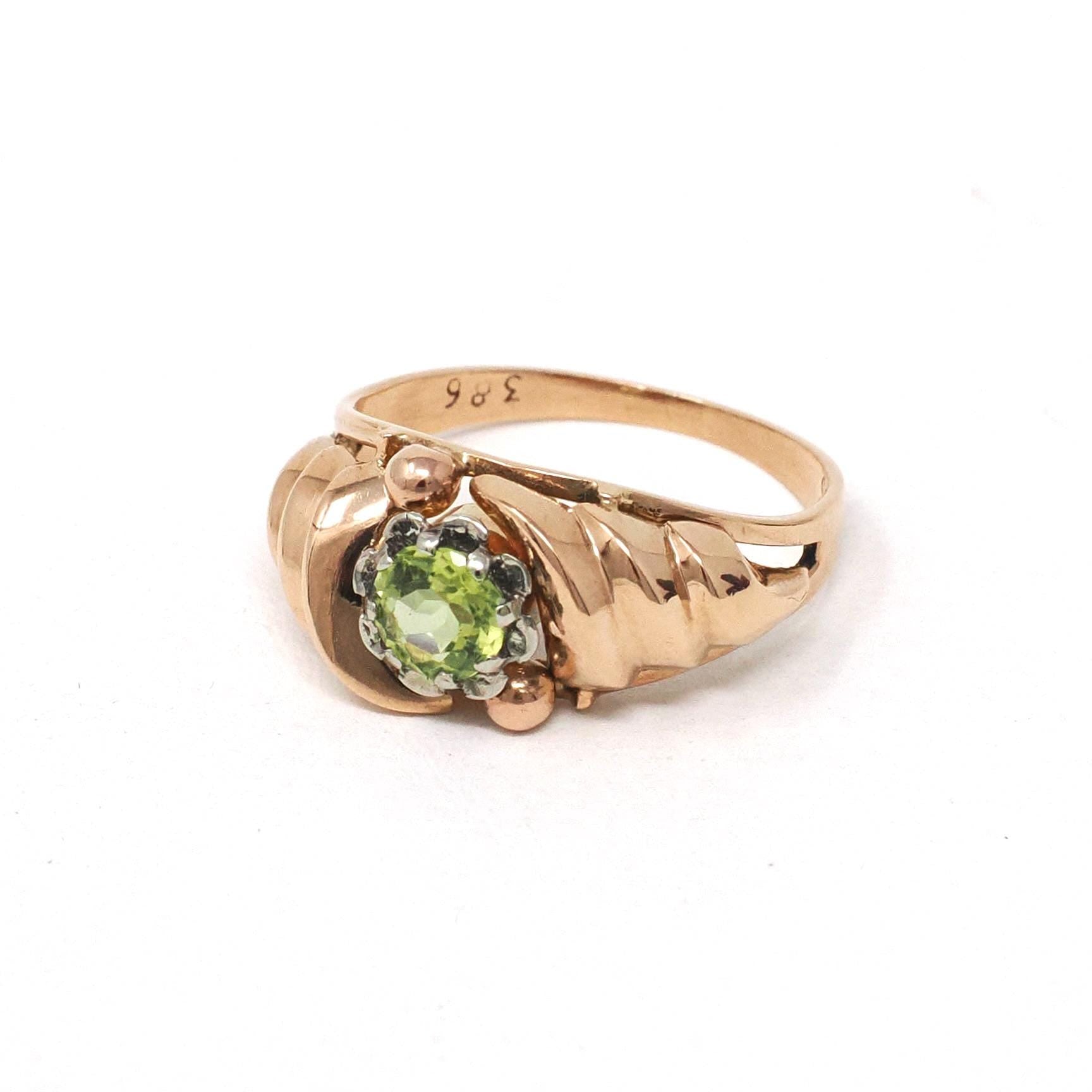 Estate Peridot Ring - Modern Era 18k Rosy Yellow Gold Natural Green Gem - Estate Flower Two Tone Size 5 3/4 Solitaire Croissant Fine Jewelry