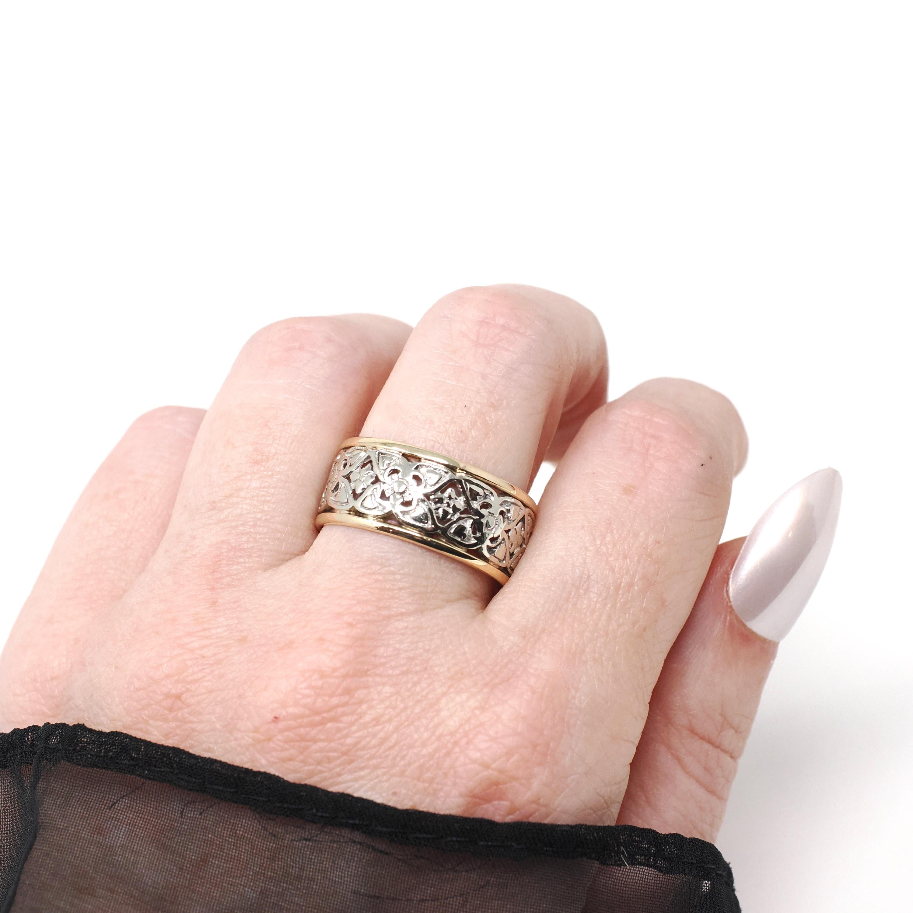 Vintage Pierced Cigar Band - Mid Century Era 14k Yellow & White Gold Open Metal Wide Wedding Ring - 1950s Size 9 1/2 Two Tone Unisex Jewelry