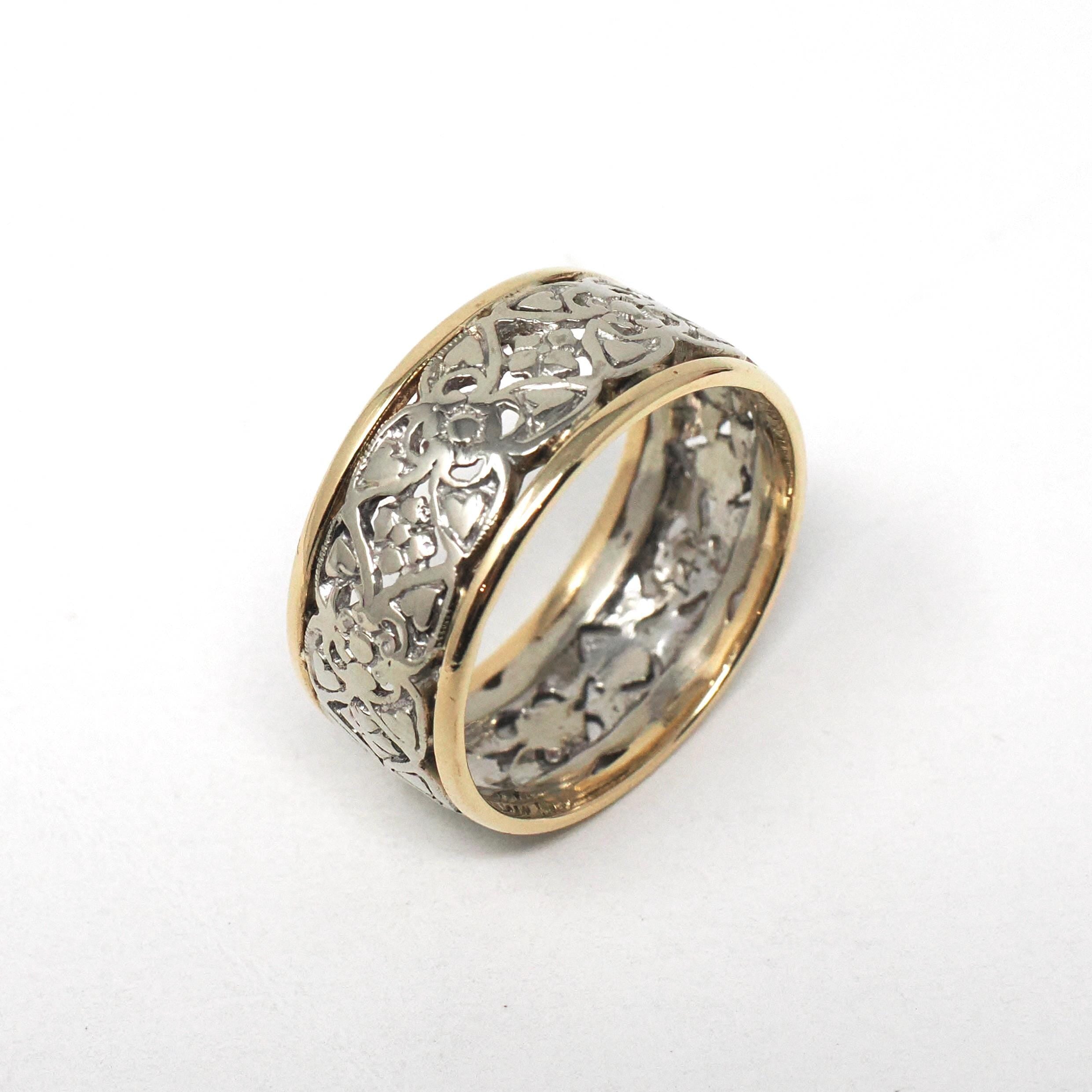 Vintage Pierced Cigar Band - Mid Century Era 14k Yellow & White Gold Open Metal Wide Wedding Ring - 1950s Size 9 1/2 Two Tone Unisex Jewelry