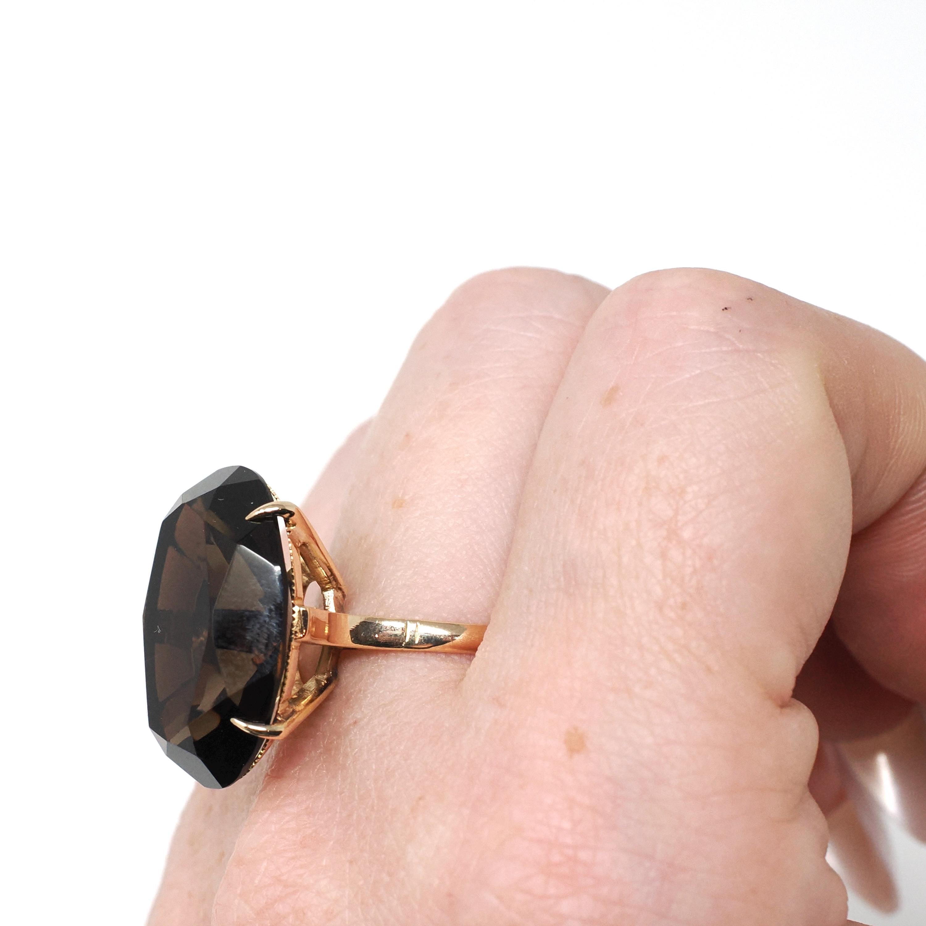 Smoky Quartz Ring - Retro 14k Yellow Gold Oval Faceted 12.15 CT Dark Brown Gemstone - Vintage Circa 1970s Era Size 7 Statement Fine Jewelry