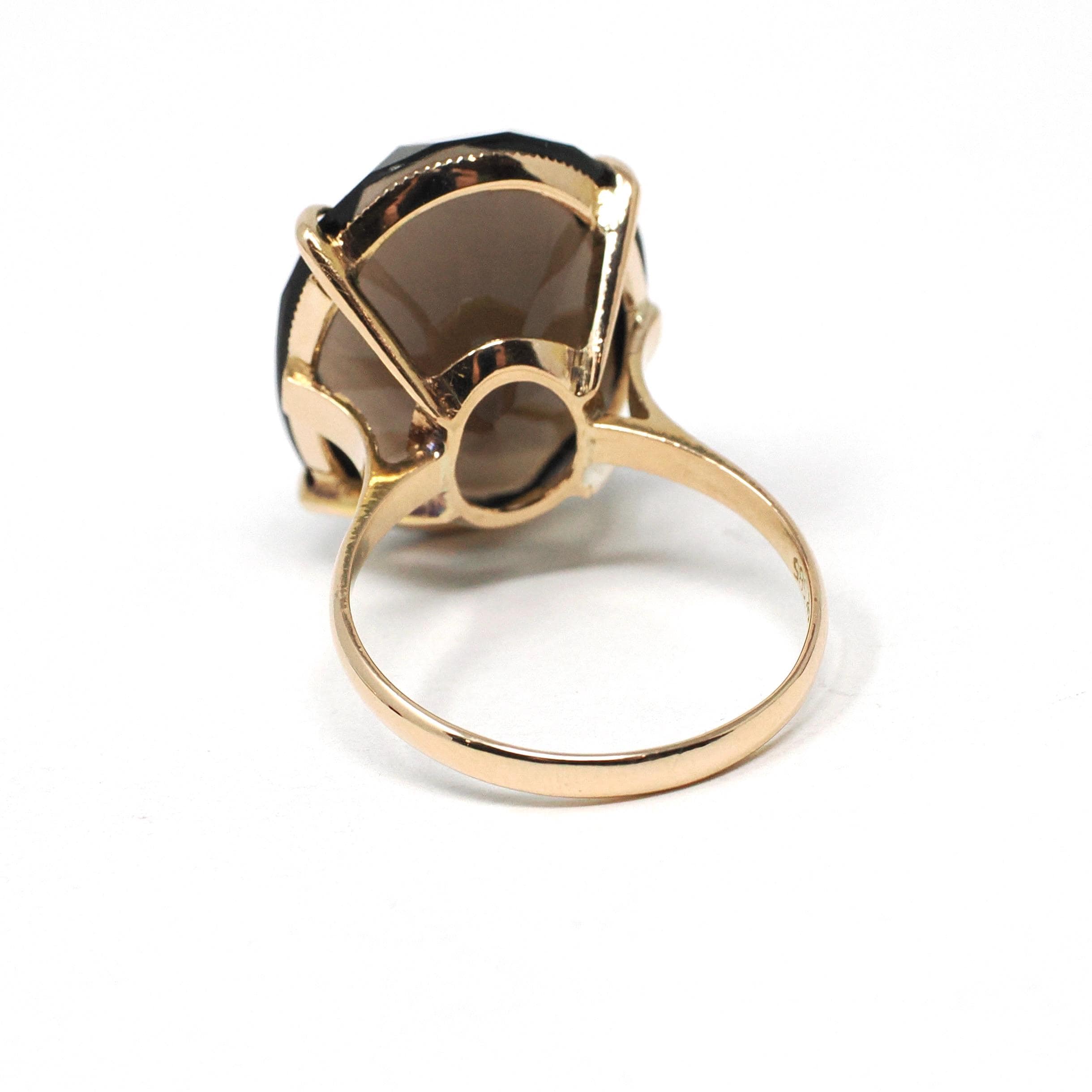 Smoky Quartz Ring - Retro 14k Yellow Gold Oval Faceted 12.15 CT Dark Brown Gemstone - Vintage Circa 1970s Era Size 7 Statement Fine Jewelry