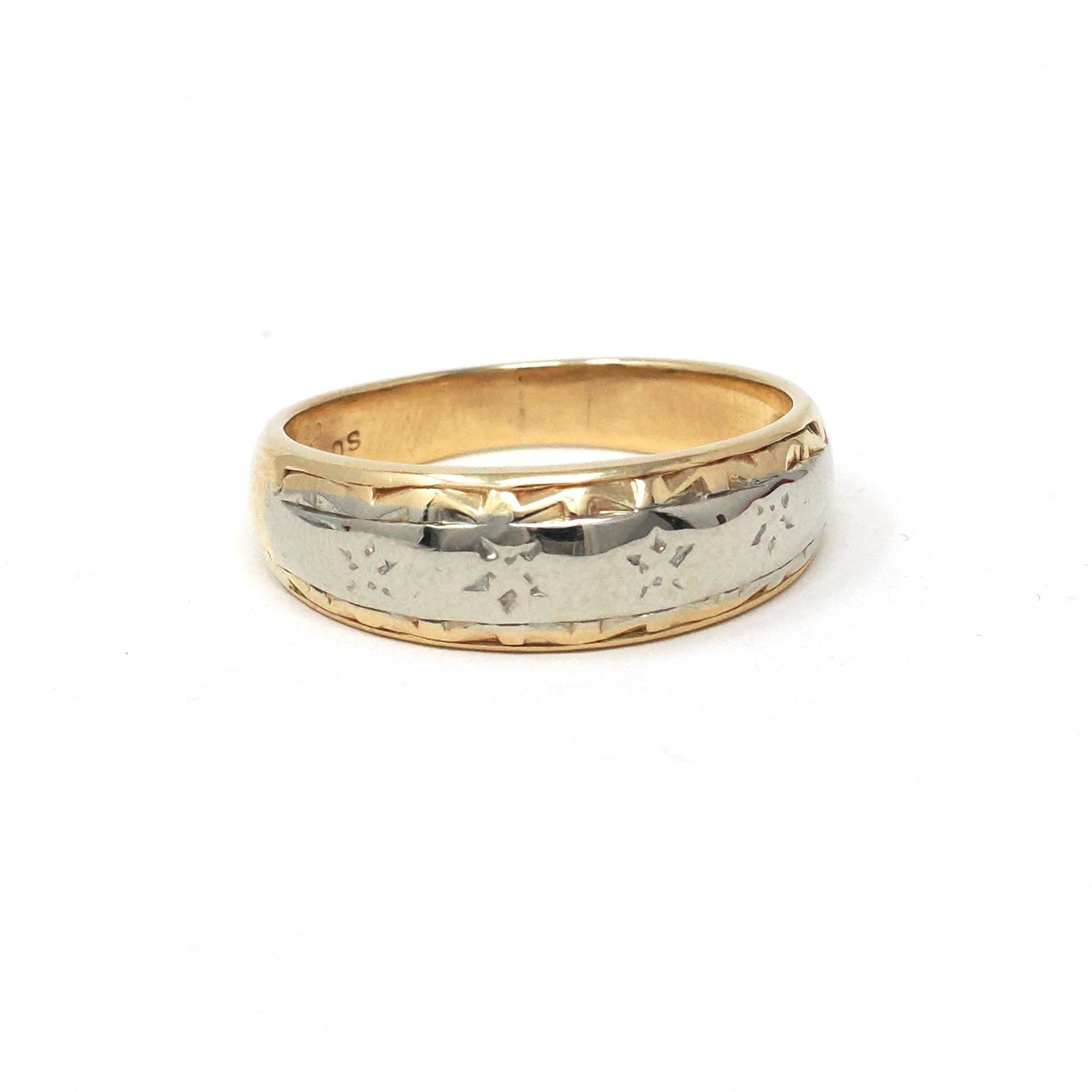 Vintage Star Band - Retro 14k Yellow & White Gold Men's Unisex Celestial Wedding Ring - Circa 1970s Size 10 Two Tone Stacking Fine Jewelry