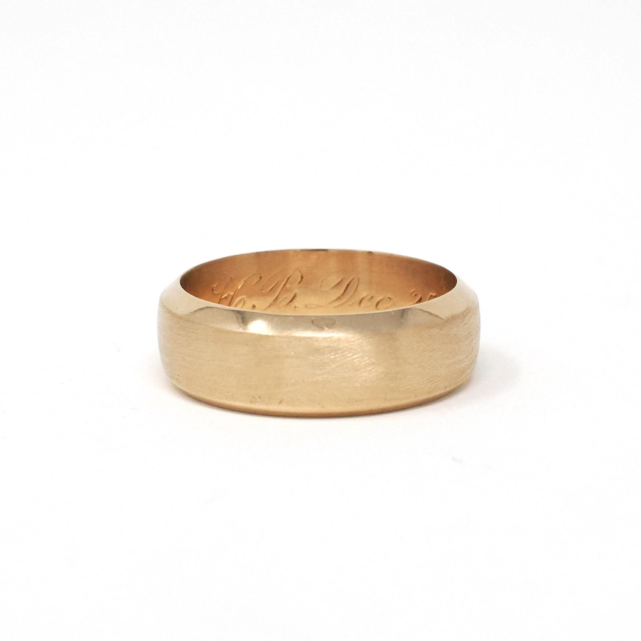 Victorian Wedding Band - Antique 14k Yellow Gold Brushed Satin Finish Unisex Ring - Circa Dated Christmas Day 1881 Size 8 1/2 Fine Jewelry