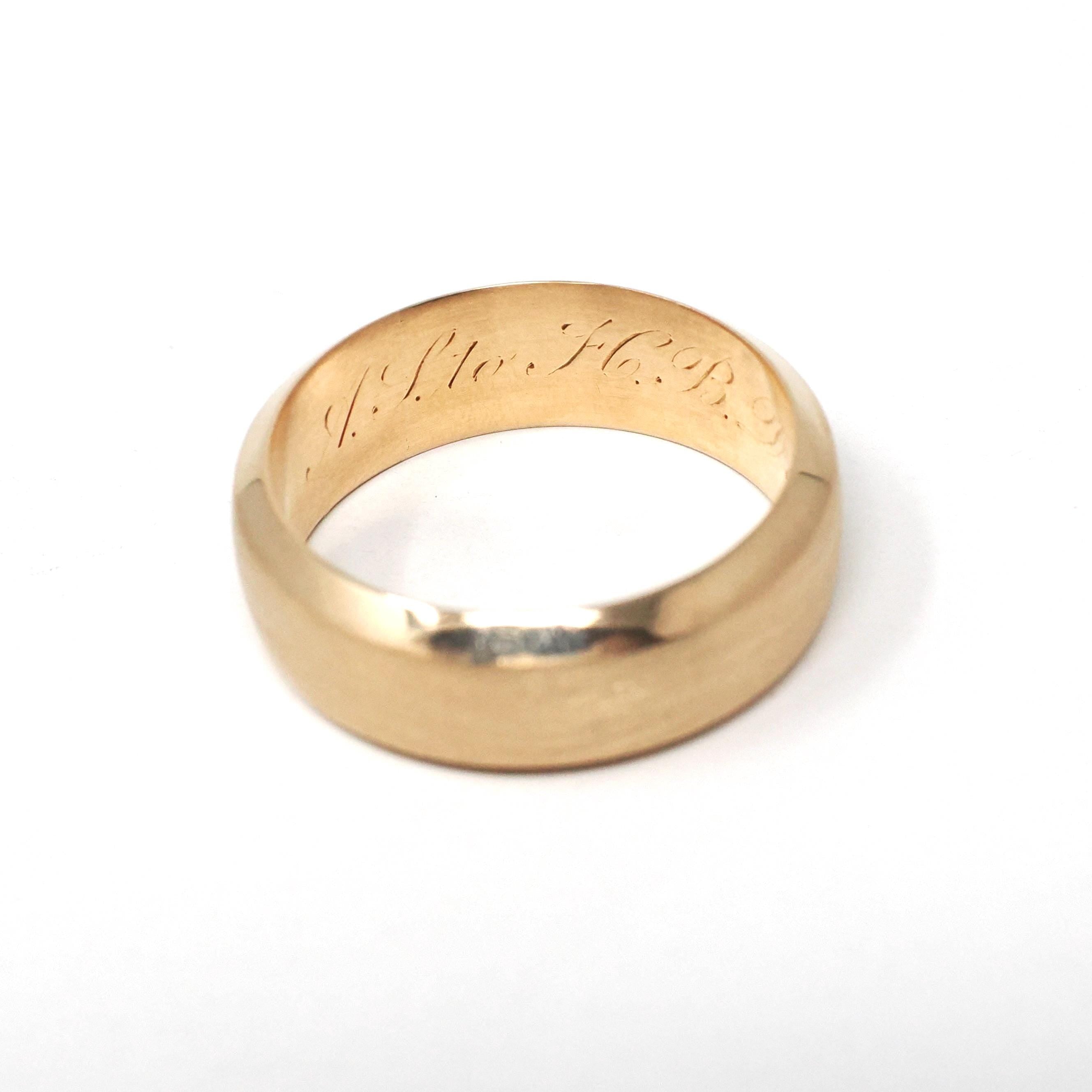 Victorian Wedding Band - Antique 14k Yellow Gold Brushed Satin Finish Unisex Ring - Circa Dated Christmas Day 1881 Size 8 1/2 Fine Jewelry