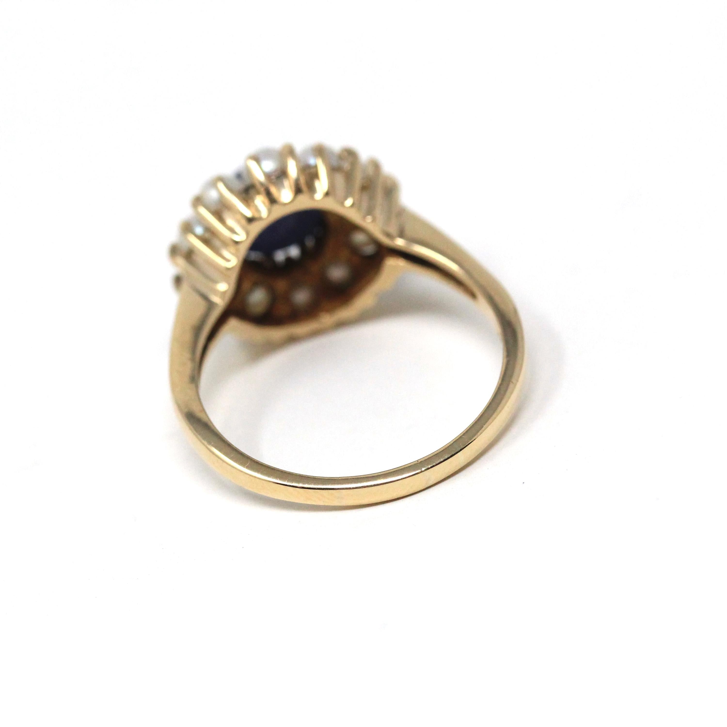 Retro Halo Ring - Vintage 10k Yellow Gold Created Blue Star Sapphire Pearl Flower Cluster - Circa 1960s Era Size 8 1/2 Daisy Fine Jewelry