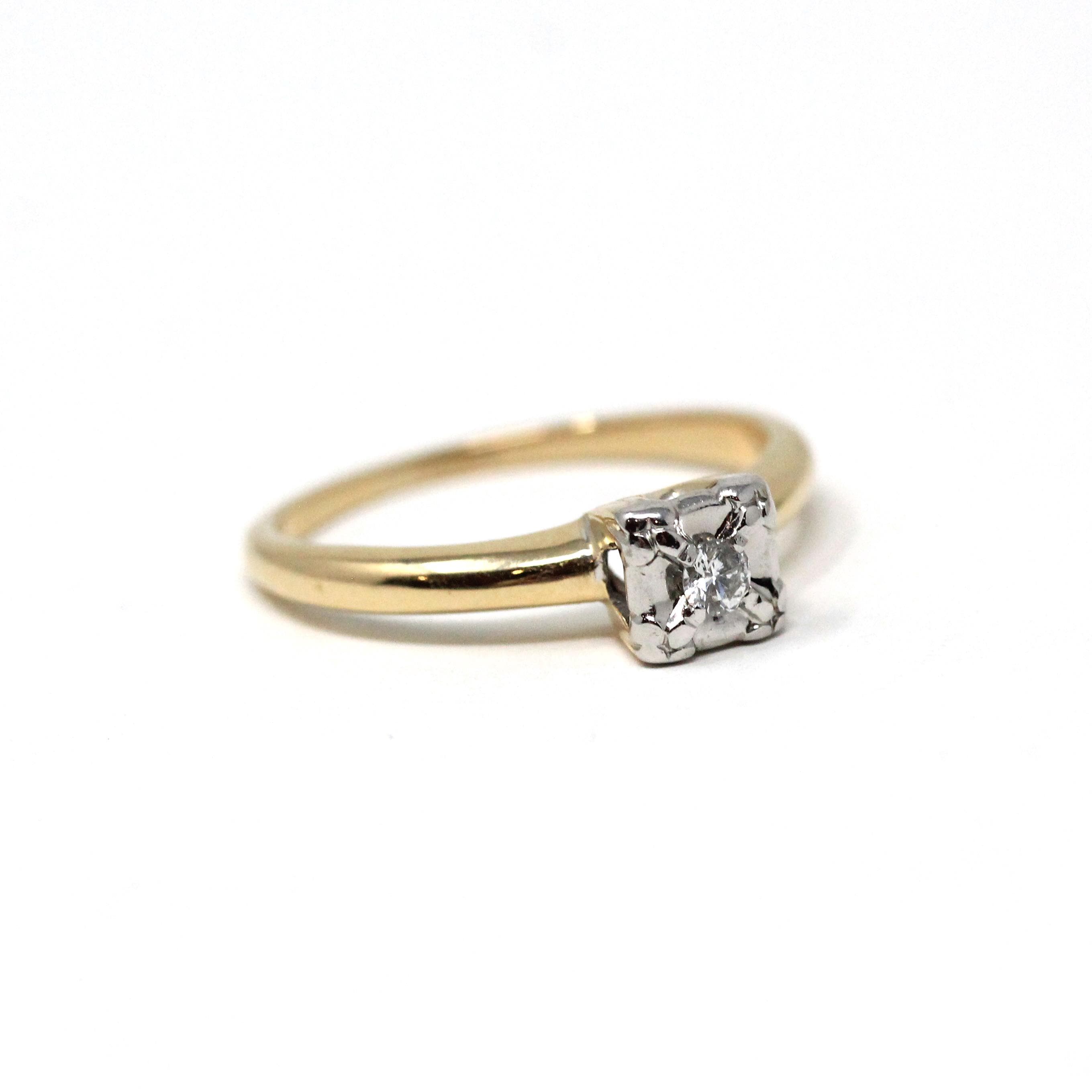 Vintage Diamond Ring - Mid Century 14k Yellow White Gold Natural Gem Solitaire Engagement - Circa 1940s Size 5 Illusion Head Fine Jewelry