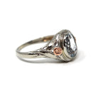 Vintage Aquamarine Ring - Art Deco 14k White & Rose Gold Oval Blue Beryl Gem Bezel Solitaire - Circa 1930s Size 3.25 Flower Fine Jewelry