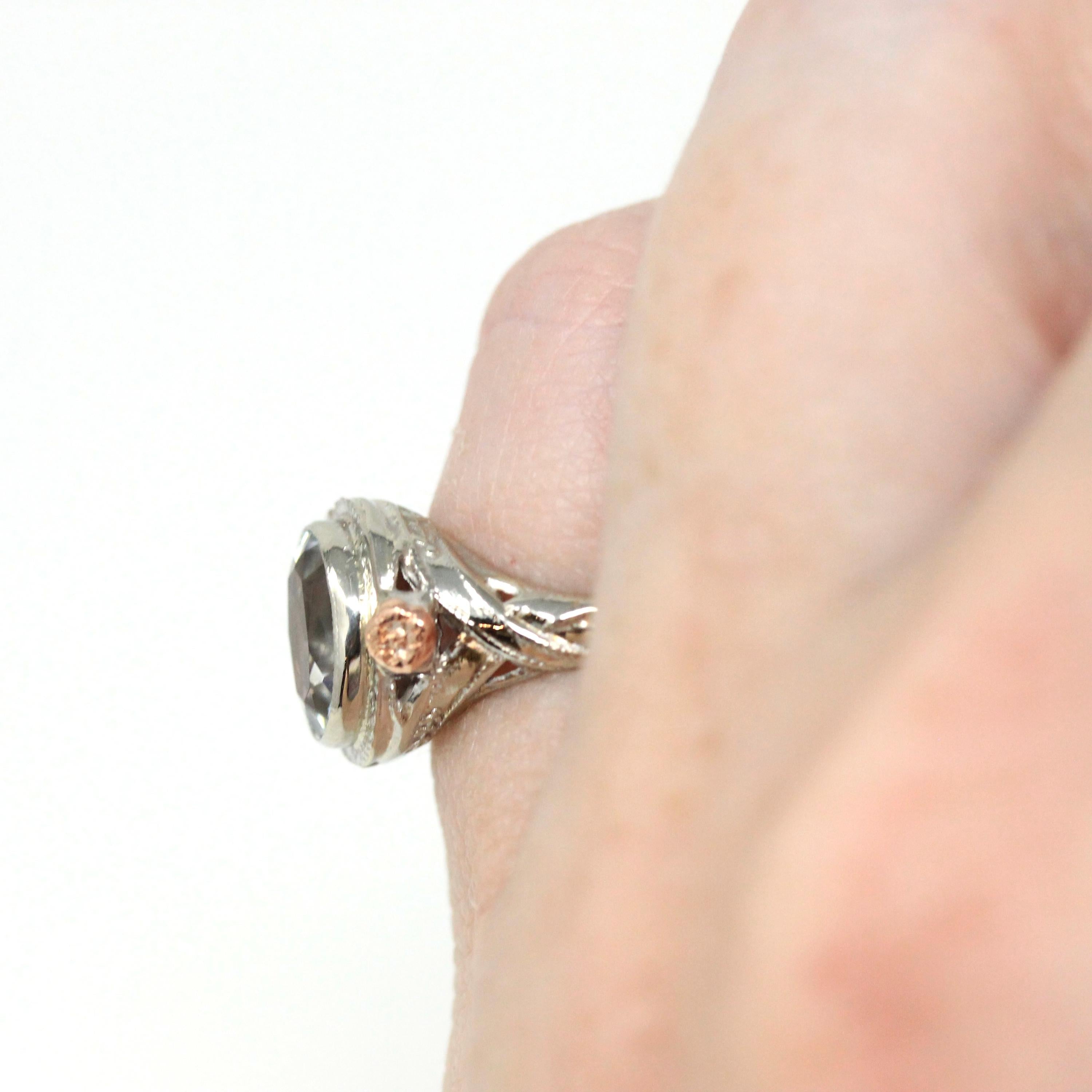 Vintage Aquamarine Ring - Art Deco 14k White & Rose Gold Oval Blue Beryl Gem Bezel Solitaire - Circa 1930s Size 3.25 Flower Fine Jewelry