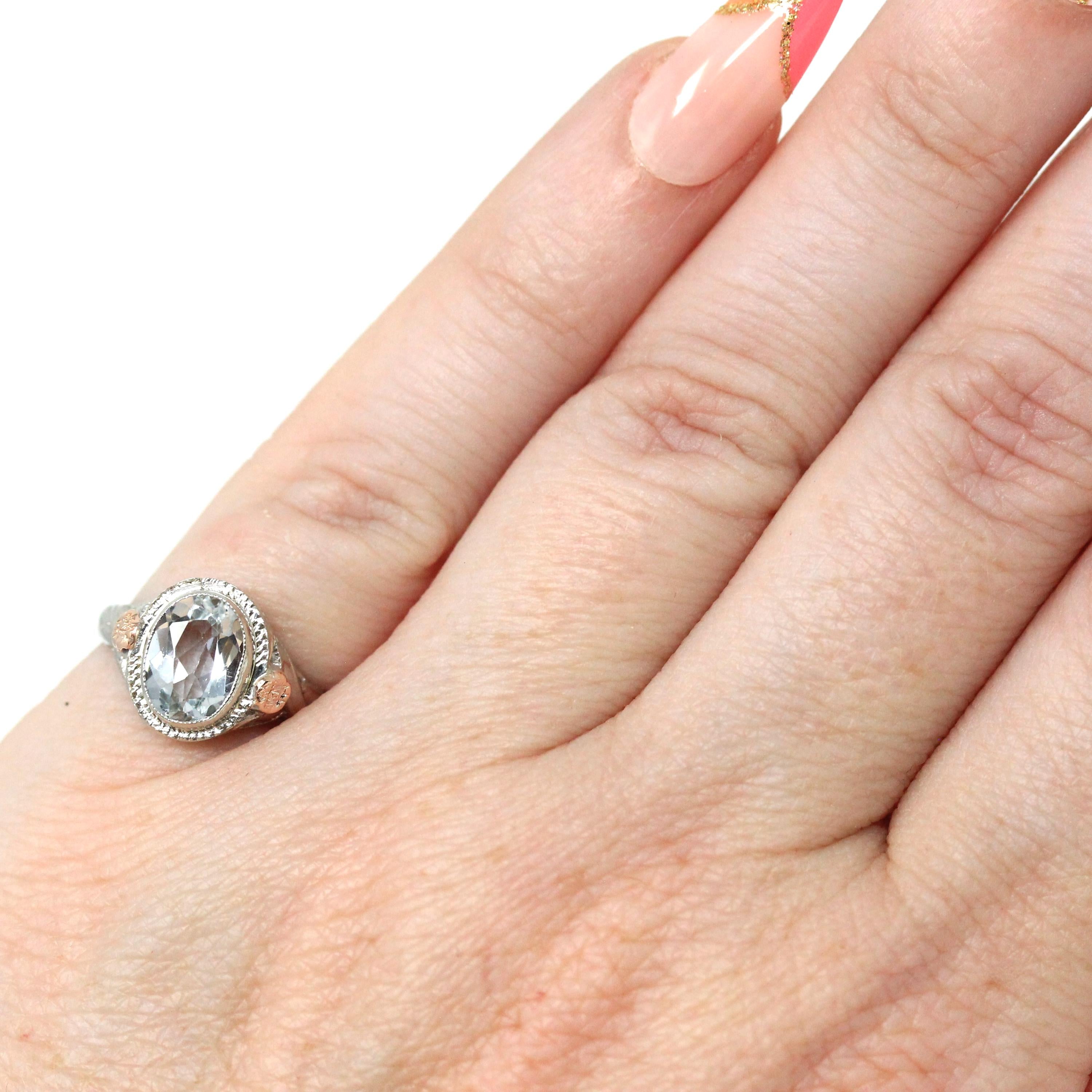 Vintage Aquamarine Ring - Art Deco 14k White & Rose Gold Oval Blue Beryl Gem Bezel Solitaire - Circa 1930s Size 3.25 Flower Fine Jewelry
