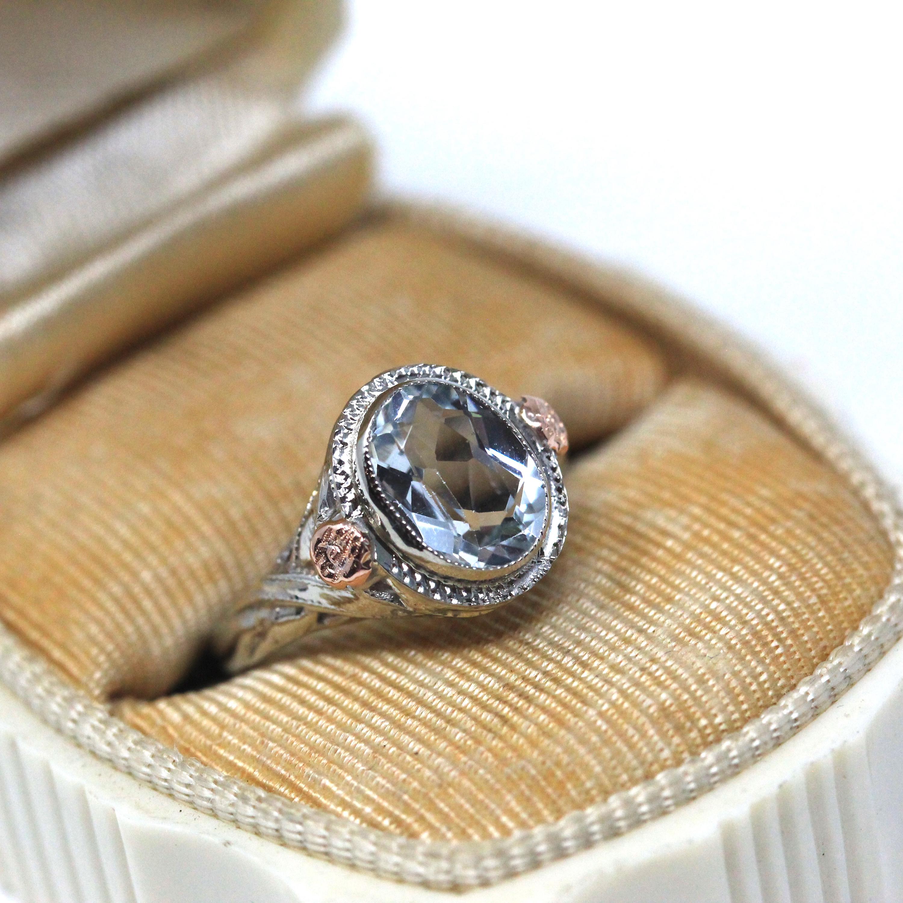Vintage Aquamarine Ring - Art Deco 14k White & Rose Gold Oval Blue Beryl Gem Bezel Solitaire - Circa 1930s Size 3.25 Flower Fine Jewelry