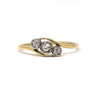 Three Stone Ring - MidCentury 18k Yellow Gold & Platinum Diamond Bypass - Vintage Circa 1940s Era Size 7 Engagement Anniversary Fine Jewelry