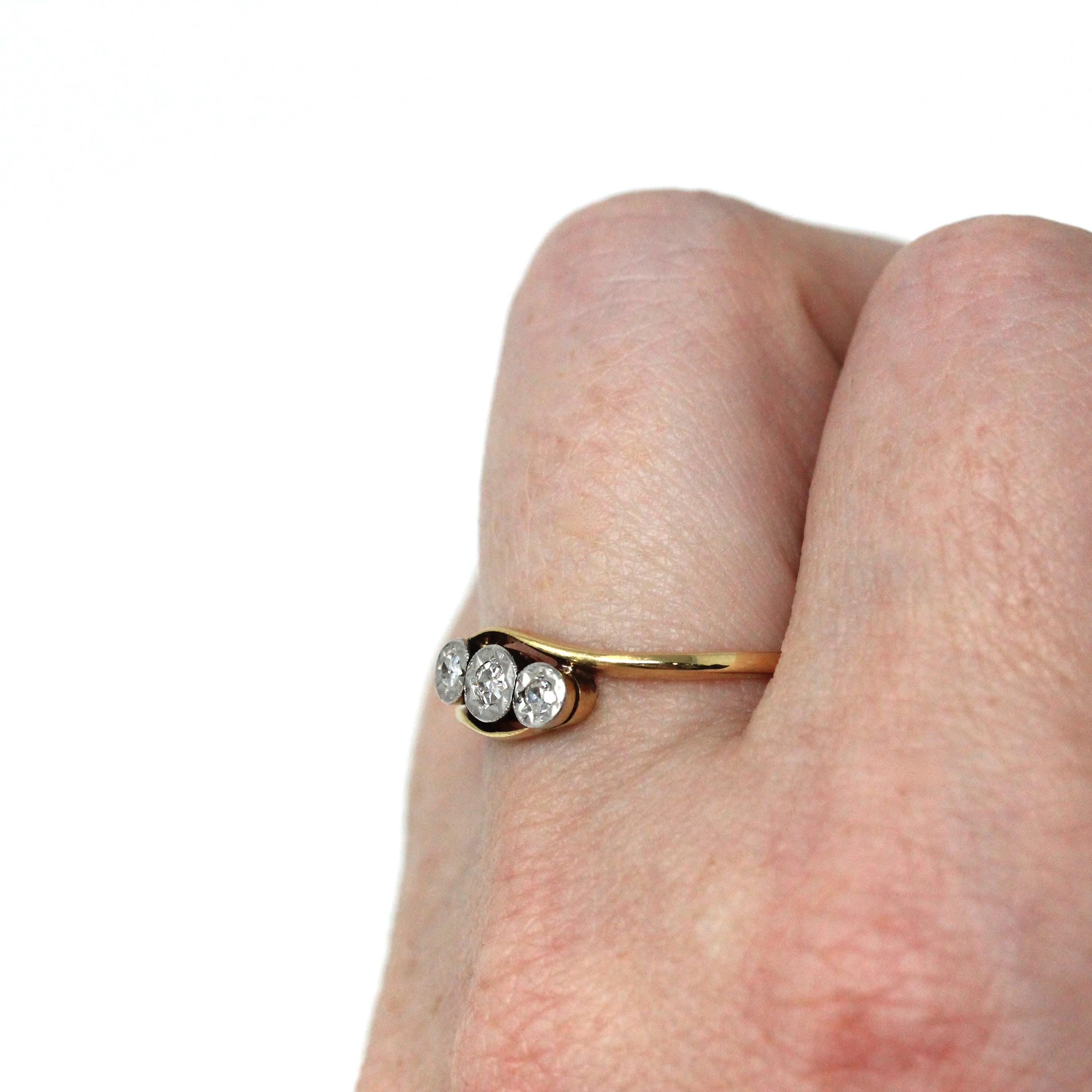 Three Stone Ring - MidCentury 18k Yellow Gold & Platinum Diamond Bypass - Vintage Circa 1940s Era Size 7 Engagement Anniversary Fine Jewelry