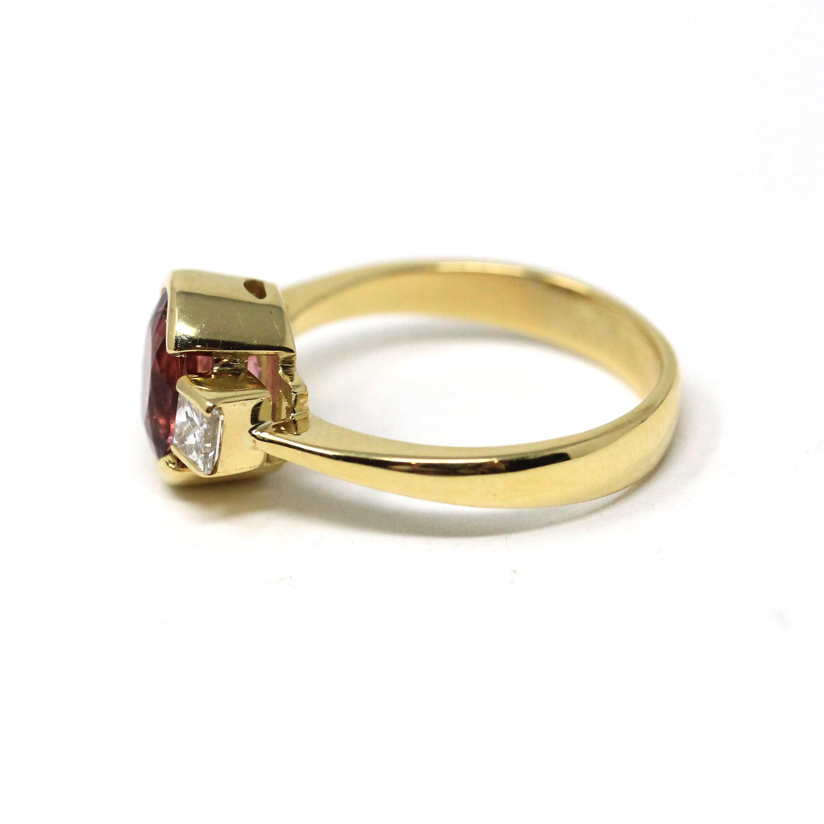 Natural Pink Topaz Ring - Estate 18k Yellow Gold Three Stone .28 CTW Accented Half Bezel Ring - Modern Circa 2000s Era Size 6 Fine Jewelry