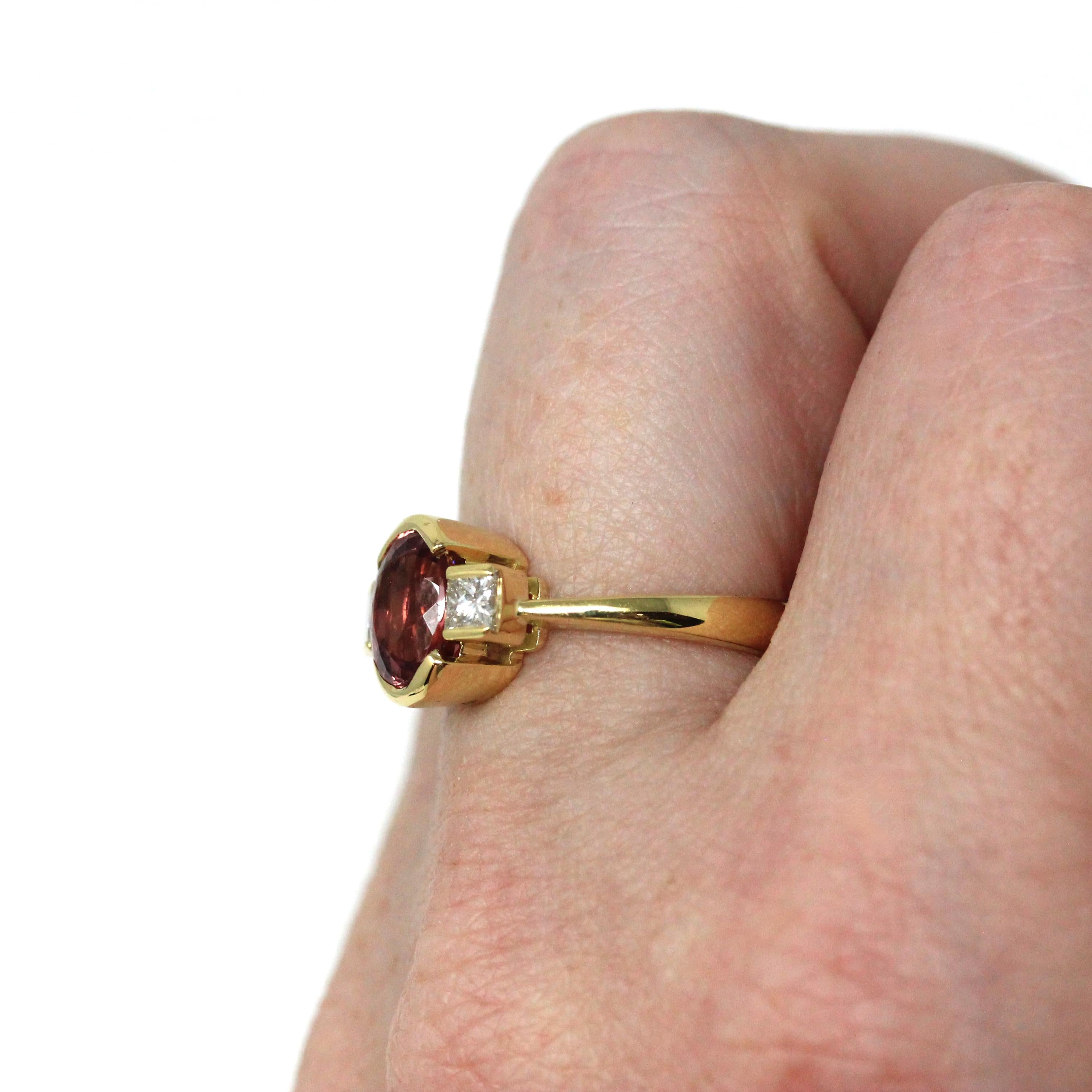 Natural Pink Topaz Ring - Estate 18k Yellow Gold Three Stone .28 CTW Accented Half Bezel Ring - Modern Circa 2000s Era Size 6 Fine Jewelry