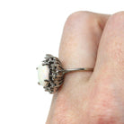Opal & Diamond Halo Ring - Modern Era 10k White Gold Oval Natural Gemstones - Estate Circa 1980s Size 6 3/4 Cluster Romany Fine 80s Jewelry