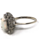 Opal & Diamond Halo Ring - Modern Era 10k White Gold Oval Natural Gemstones - Estate Circa 1980s Size 6 3/4 Cluster Romany Fine 80s Jewelry