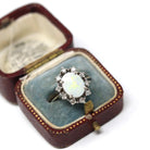 Opal & Diamond Halo Ring - Modern Era 10k White Gold Oval Natural Gemstones - Estate Circa 1980s Size 6 3/4 Cluster Romany Fine 80s Jewelry