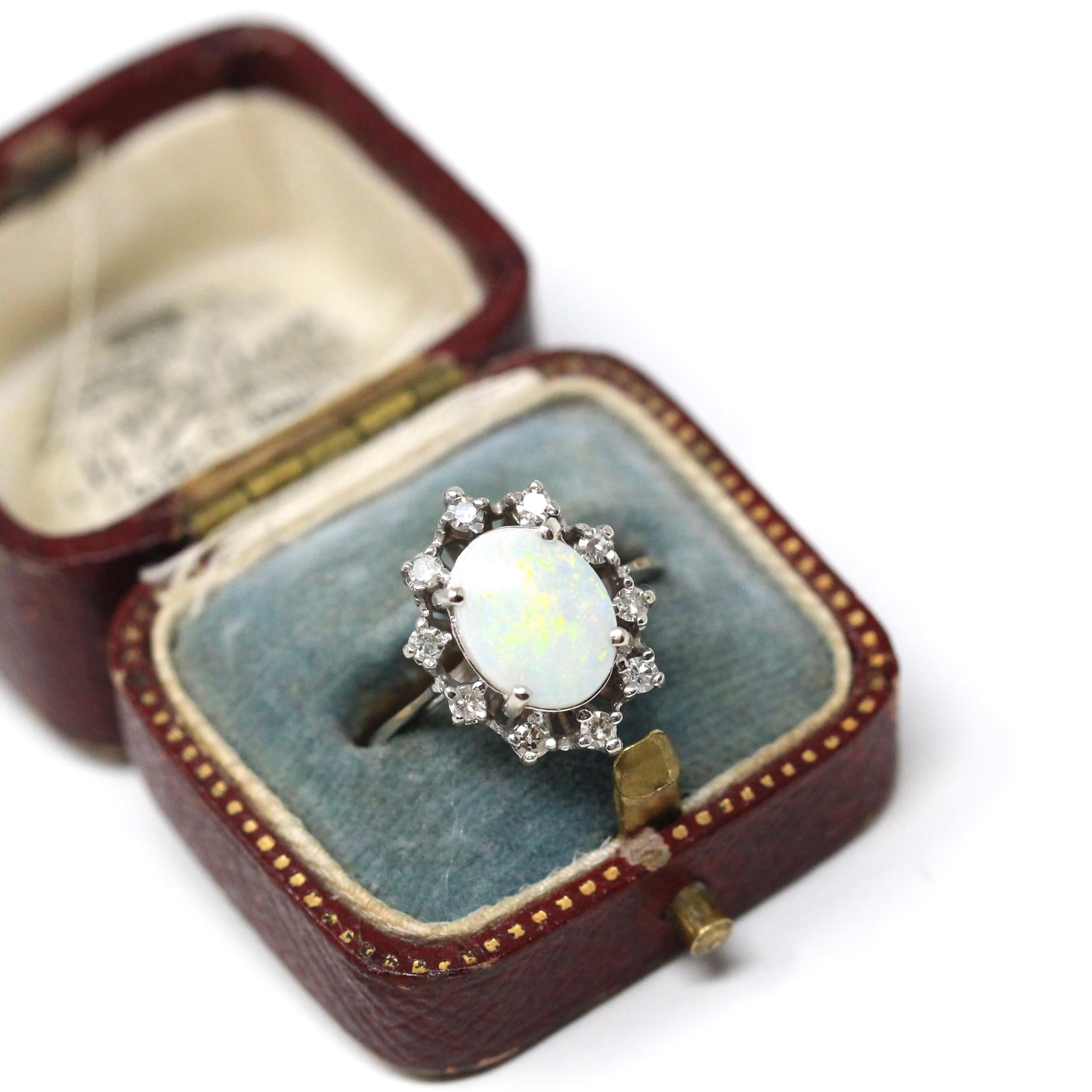 Opal & Diamond Halo Ring - Modern Era 10k White Gold Oval Natural Gemstones - Estate Circa 1980s Size 6 3/4 Cluster Romany Fine 80s Jewelry