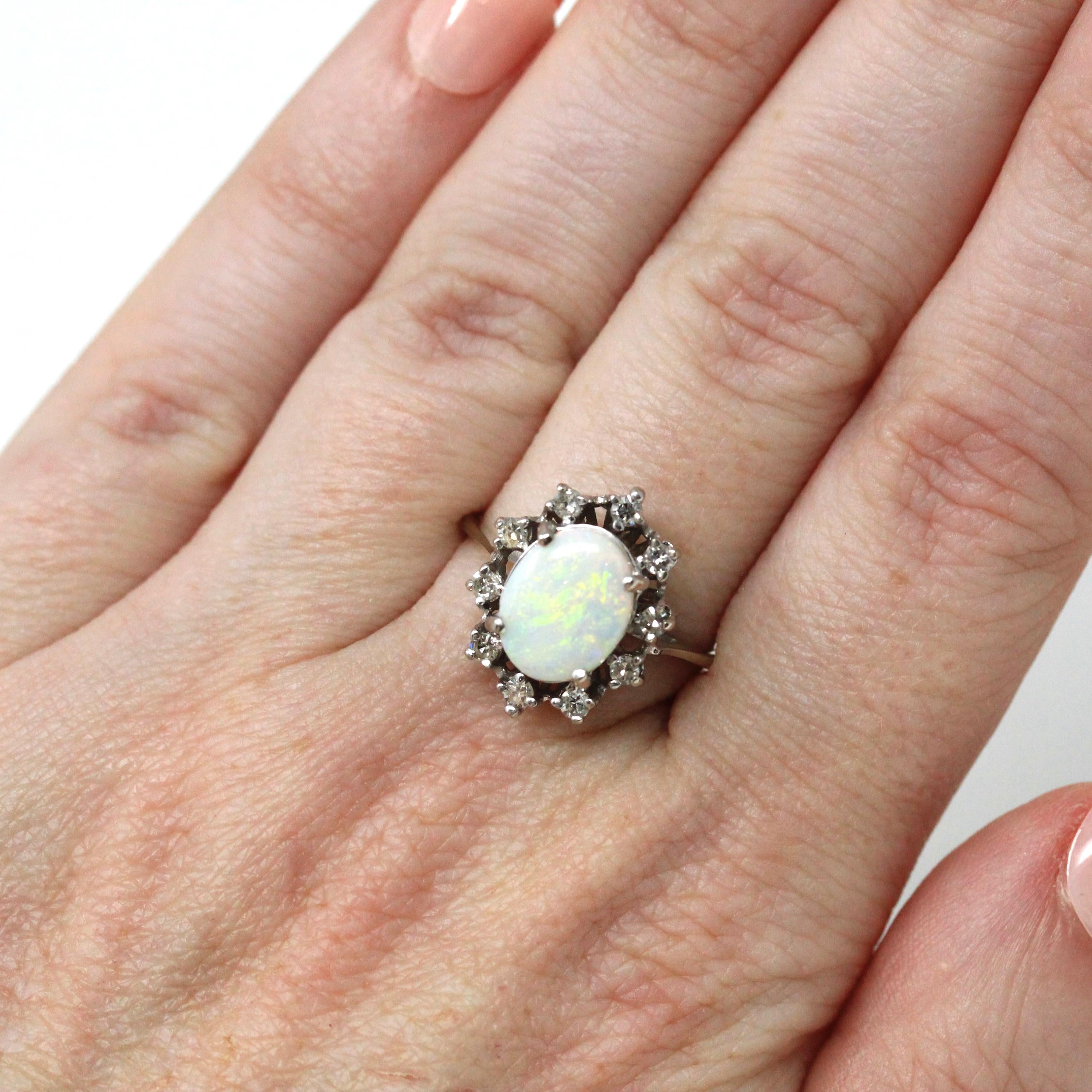 Opal & Diamond Halo Ring - Modern Era 10k White Gold Oval Natural Gemstones - Estate Circa 1980s Size 6 3/4 Cluster Romany Fine 80s Jewelry