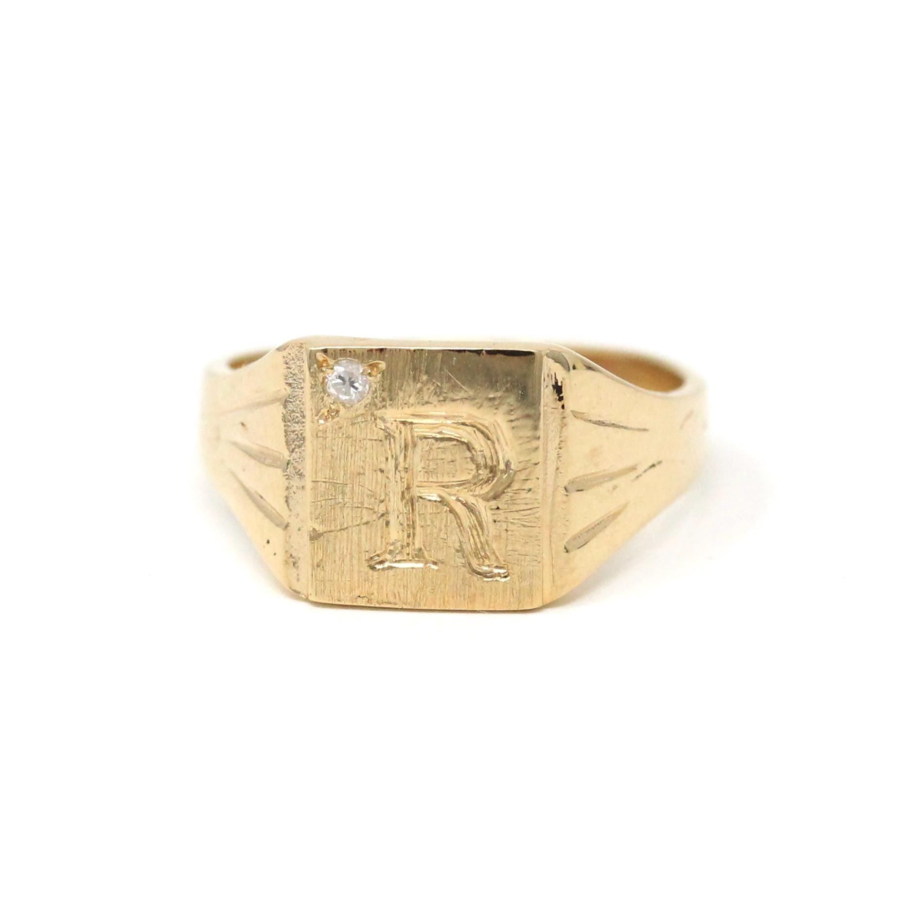 Diamond "R" Signet Ring - Mid Century 14k Yellow Gold Engraved Letter Initial .01 CT Accent - Vintage Circa 1950s Era Size 4.25 Fine Jewelry