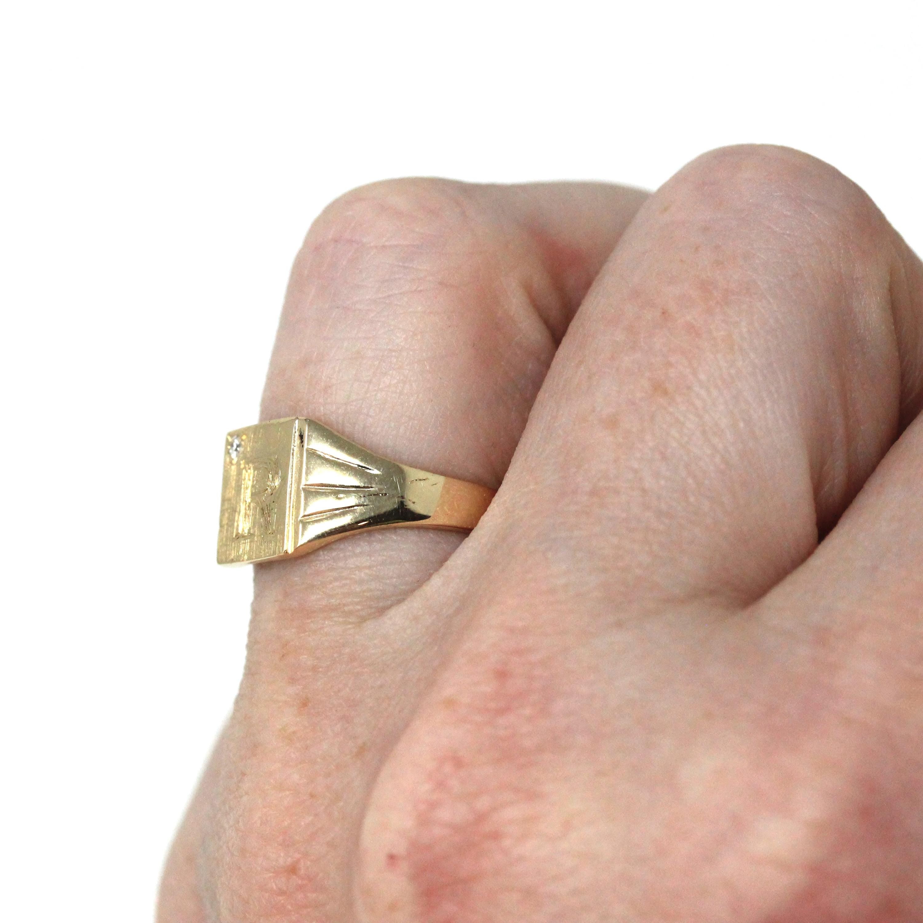 Diamond "R" Signet Ring - Mid Century 14k Yellow Gold Engraved Letter Initial .01 CT Accent - Vintage Circa 1950s Era Size 4.25 Fine Jewelry