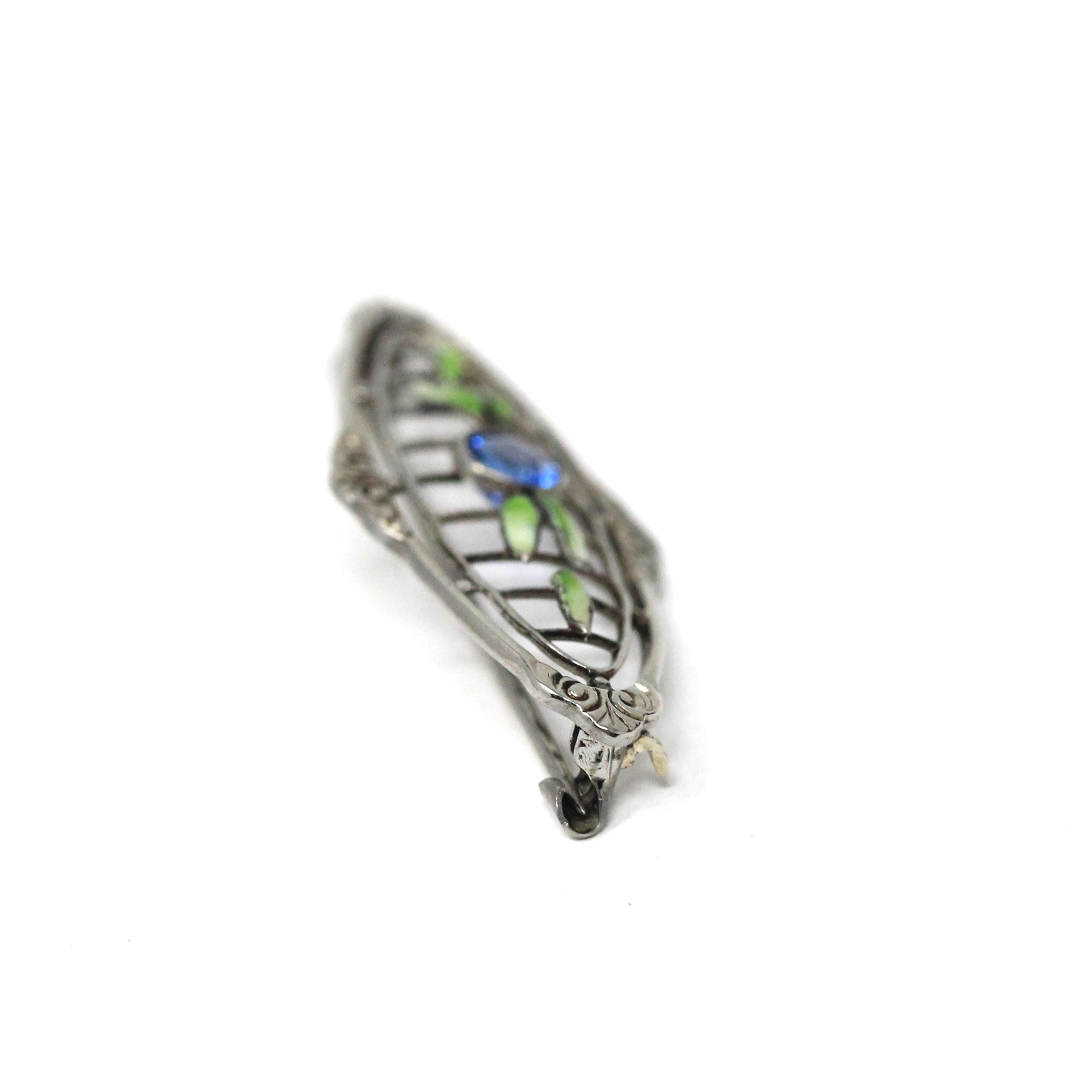 Art Deco Brooch - Antique Silver Tone Blue Garnet Glass Doublet & Green Enamel Pin - Circa 1920s Era Leaf Motif Fashion Accessory Jewelry