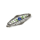 Art Deco Brooch - Antique Silver Tone Blue Garnet Glass Doublet & Green Enamel Pin - Circa 1920s Era Leaf Motif Fashion Accessory Jewelry